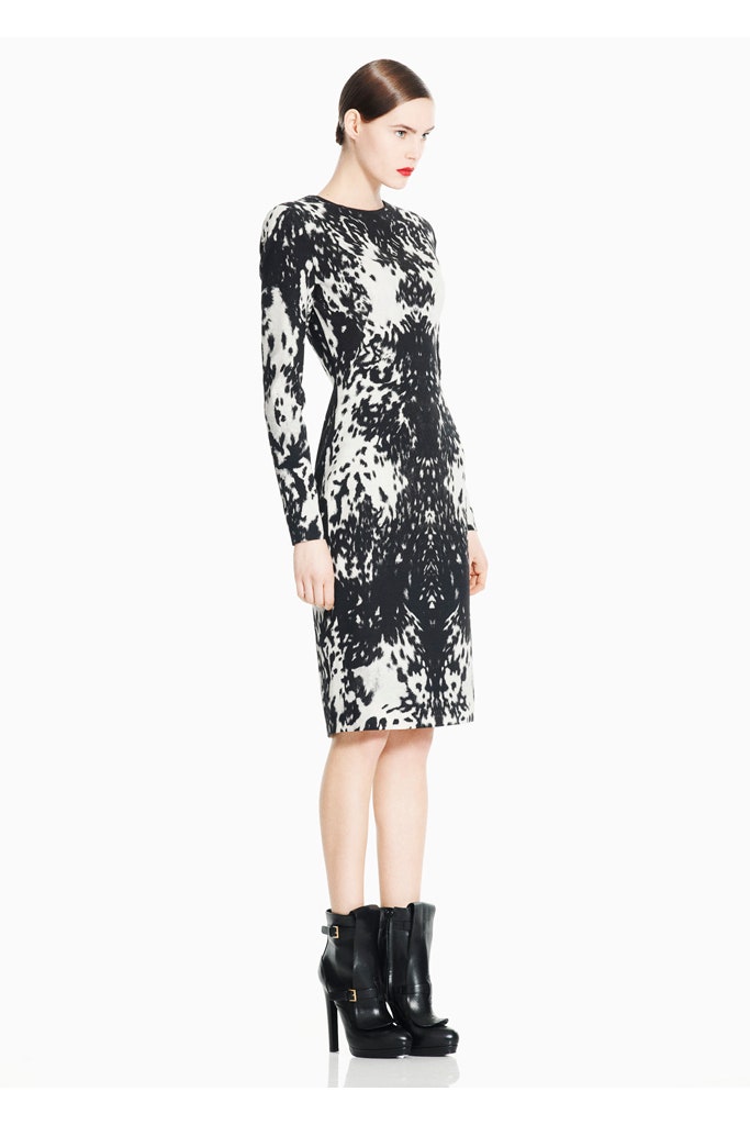 fitted black and white printed dress with boots