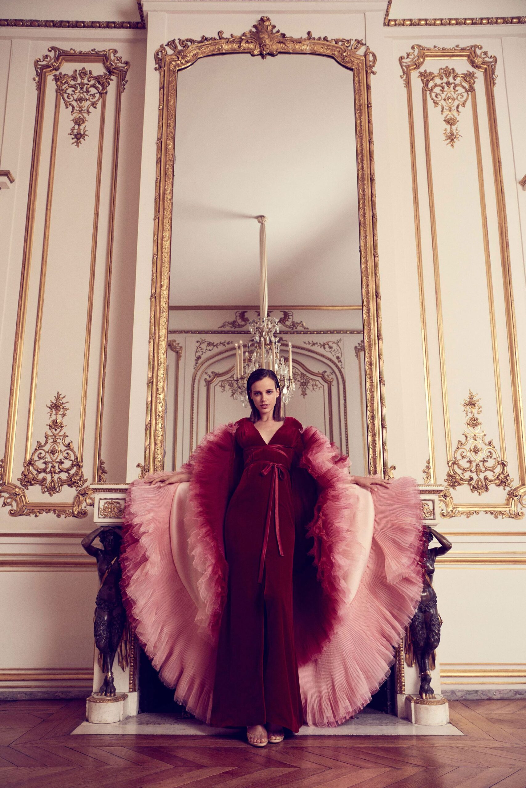 red and pink flowing gown