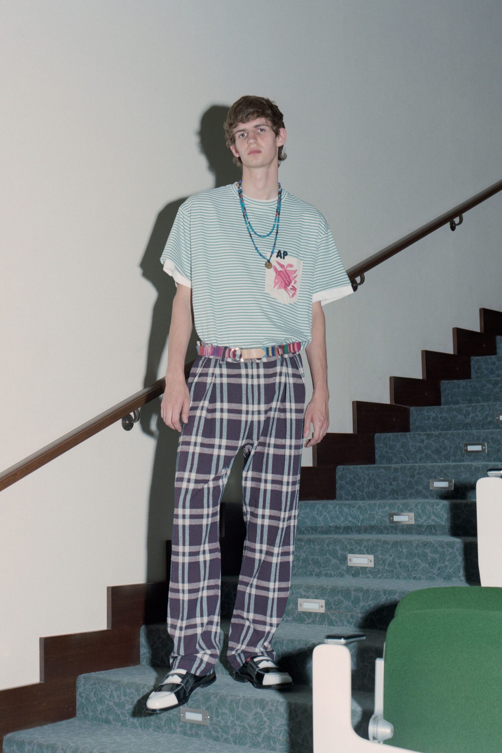 relaxed striped t-shirt and plaid pants