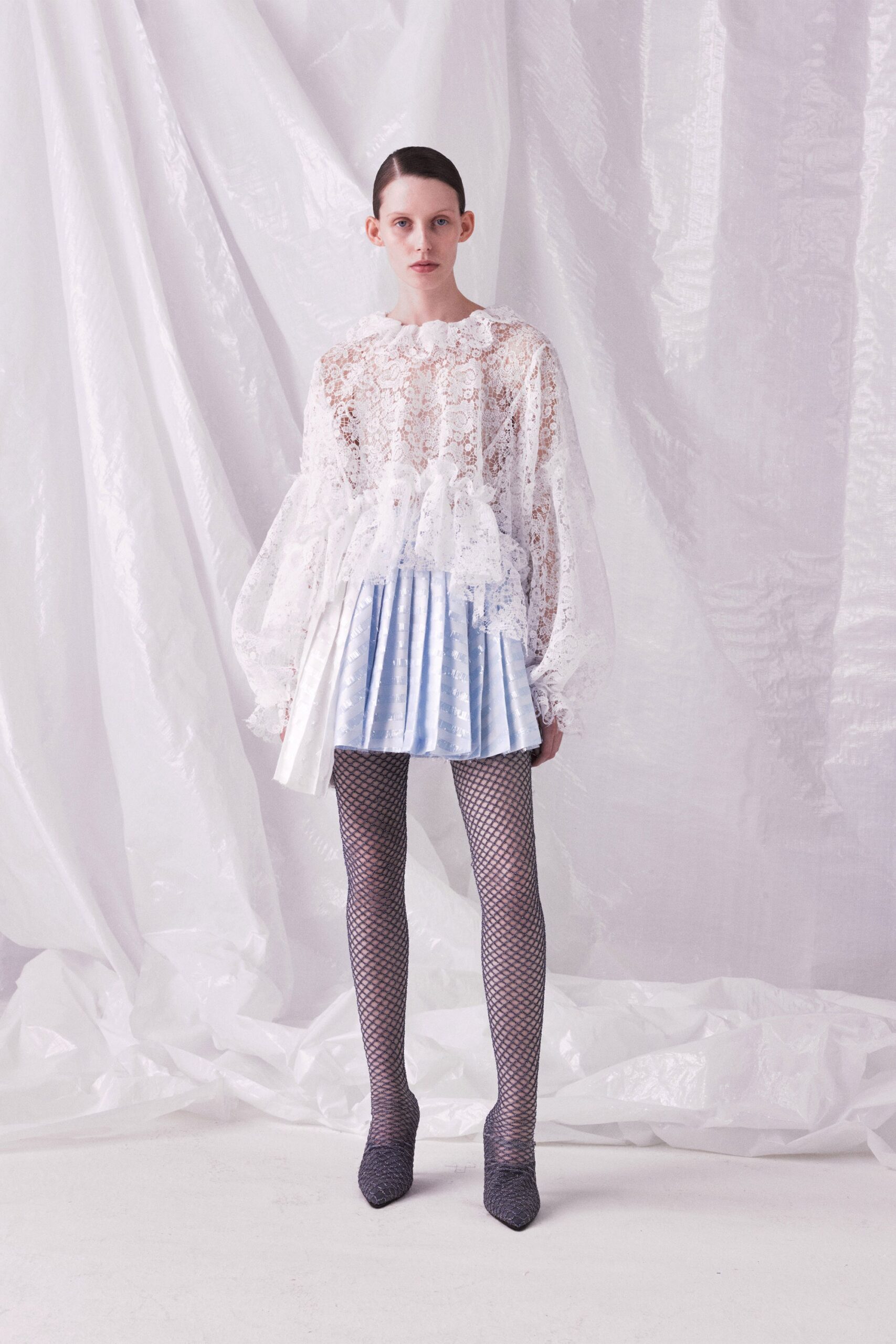 white lace long-sleeve high-neck relaxed ruffled blouse
