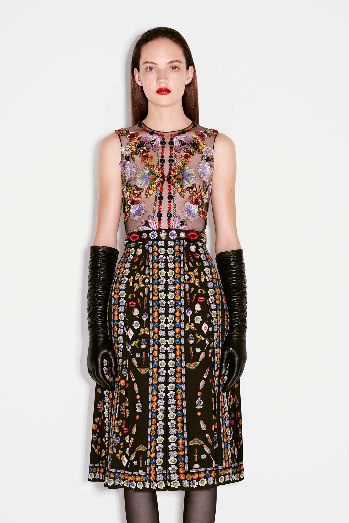 black embroidered midi dress with gloves