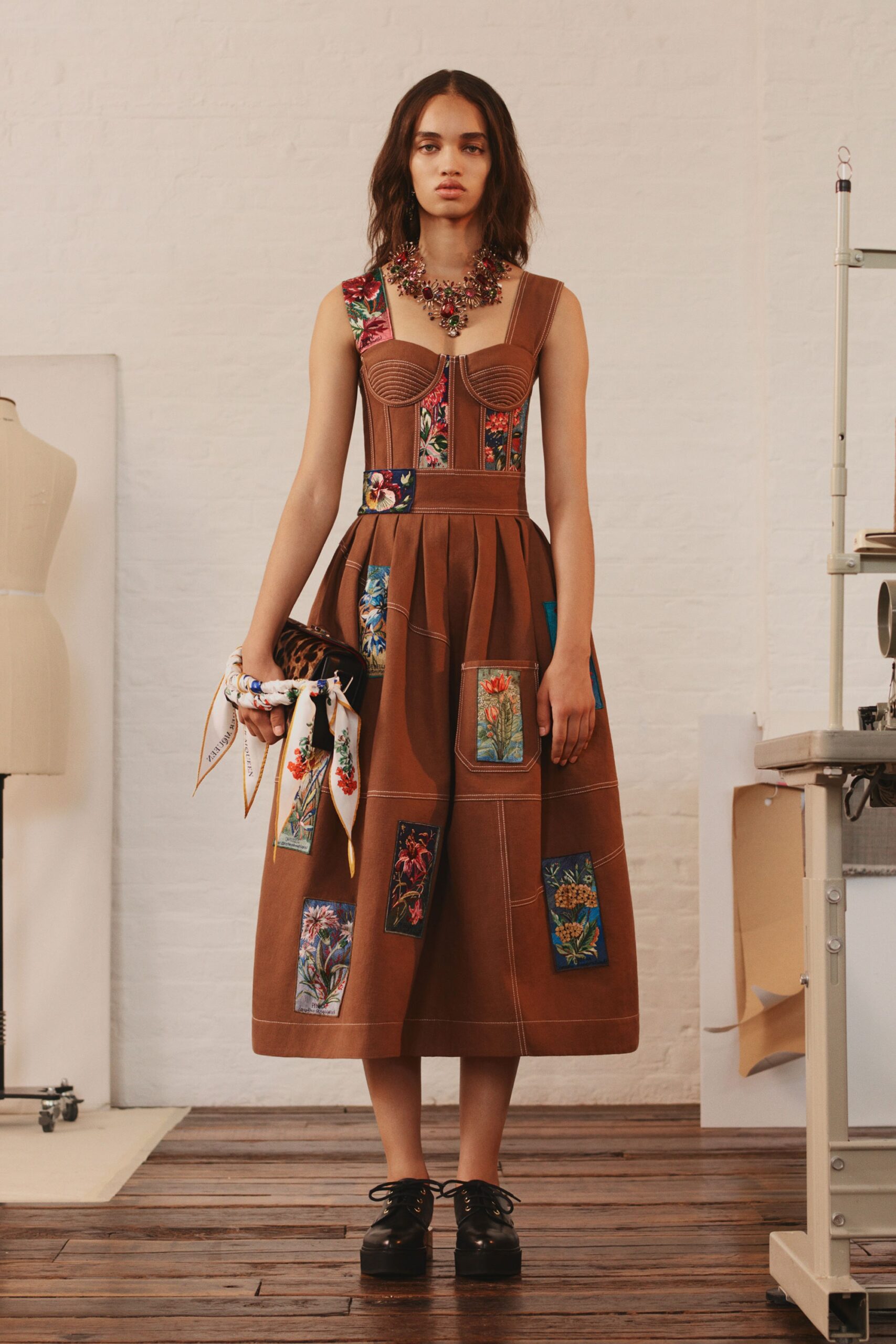 brown embroidered sleeveless dress