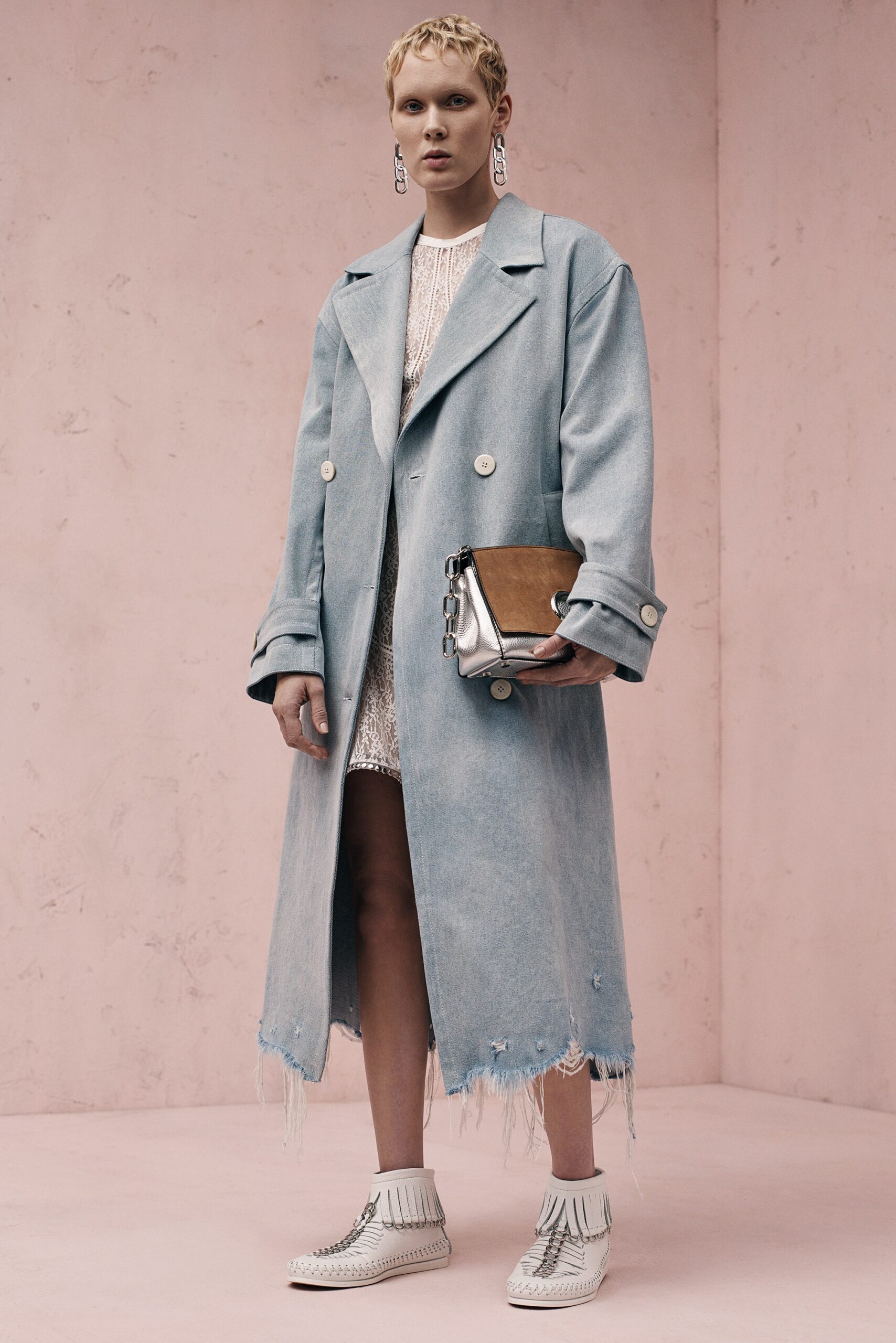 blue denim long-sleeve collared oversized fringed maxi coat