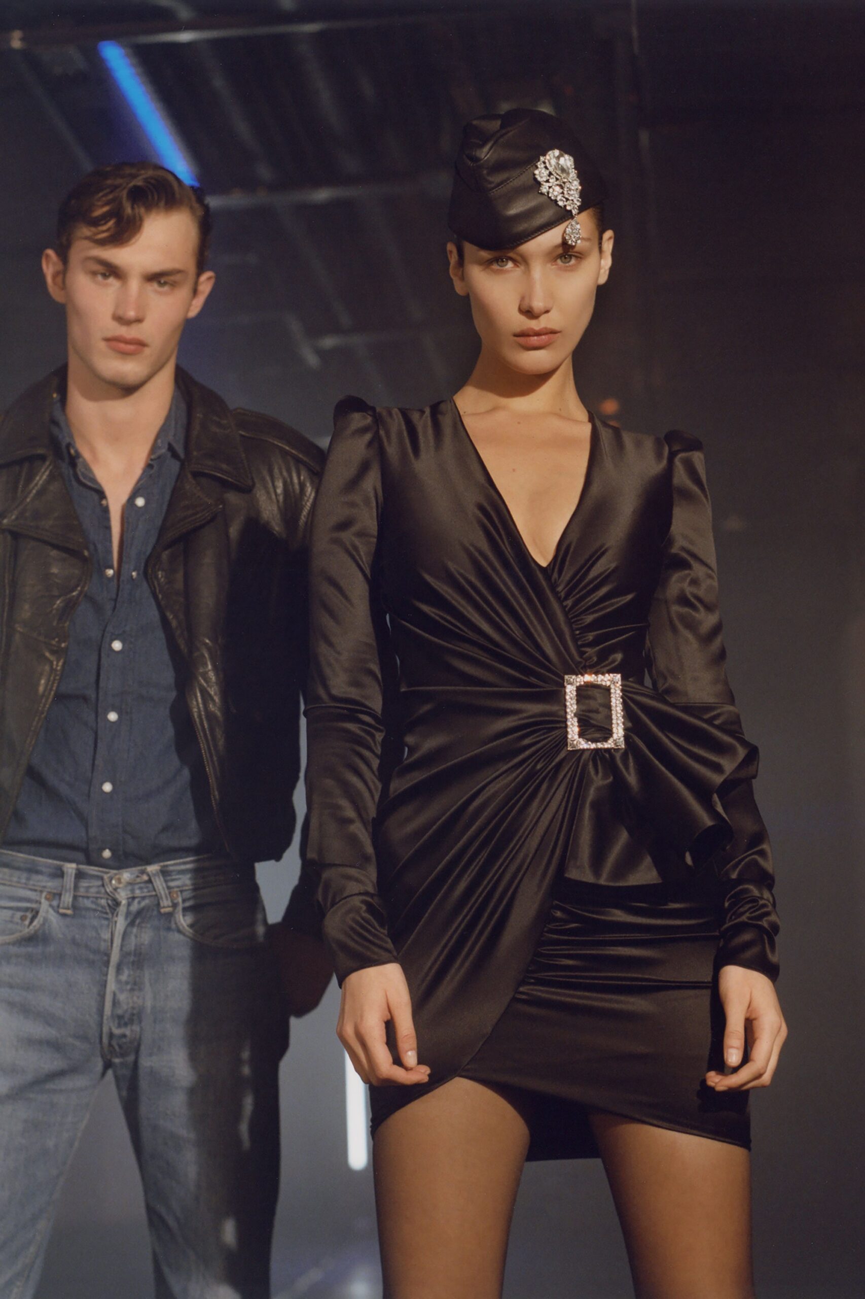 black silk long-sleeve v-neck fitted ruched belted dress
