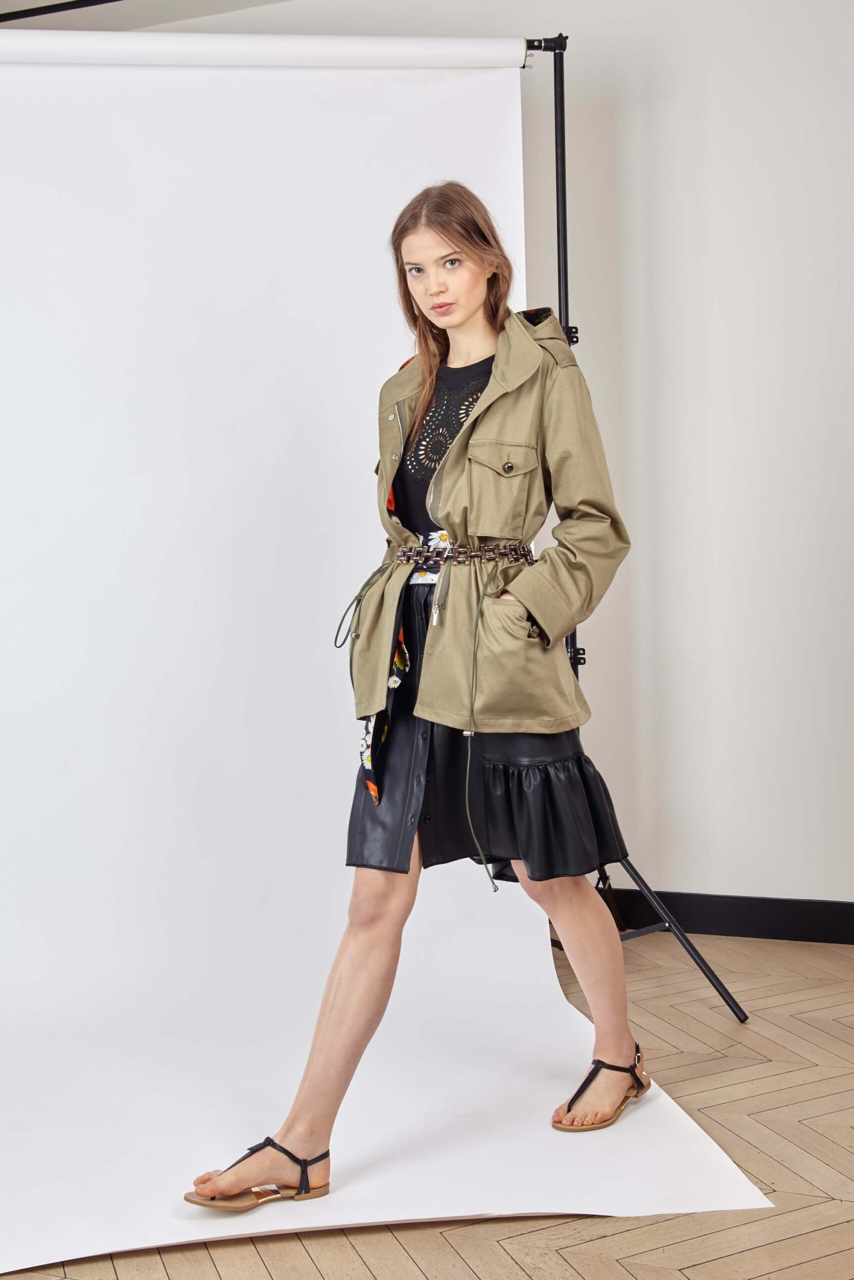 green relaxed jacket with black dress