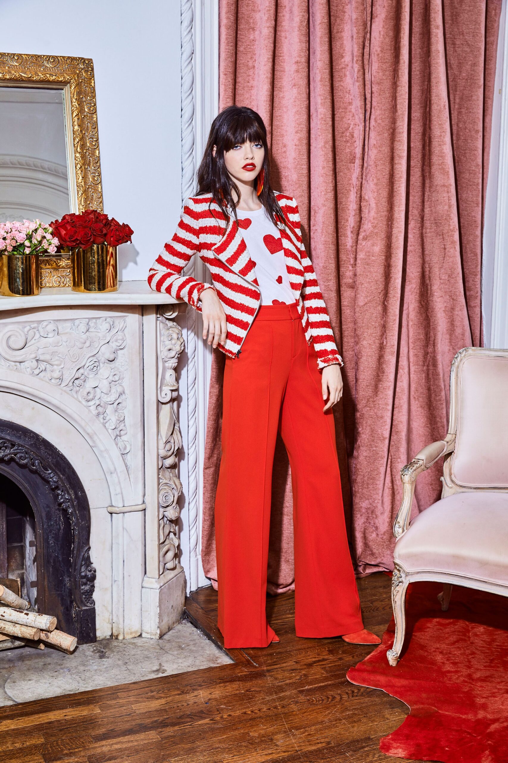 red long-sleeve collared fitted striped blazer
