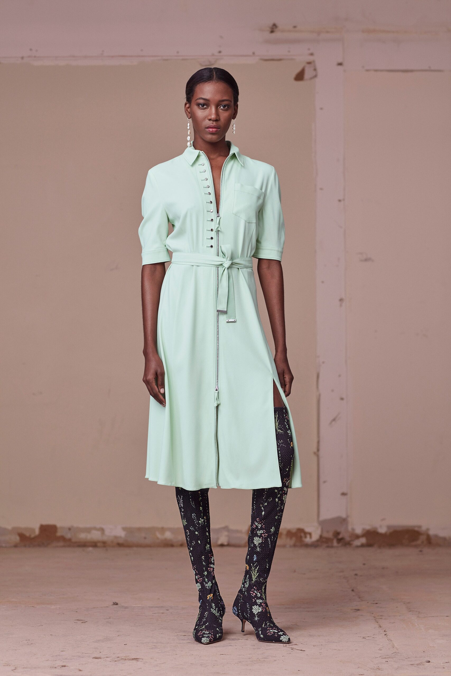 mint silk shirt-dress with black boots