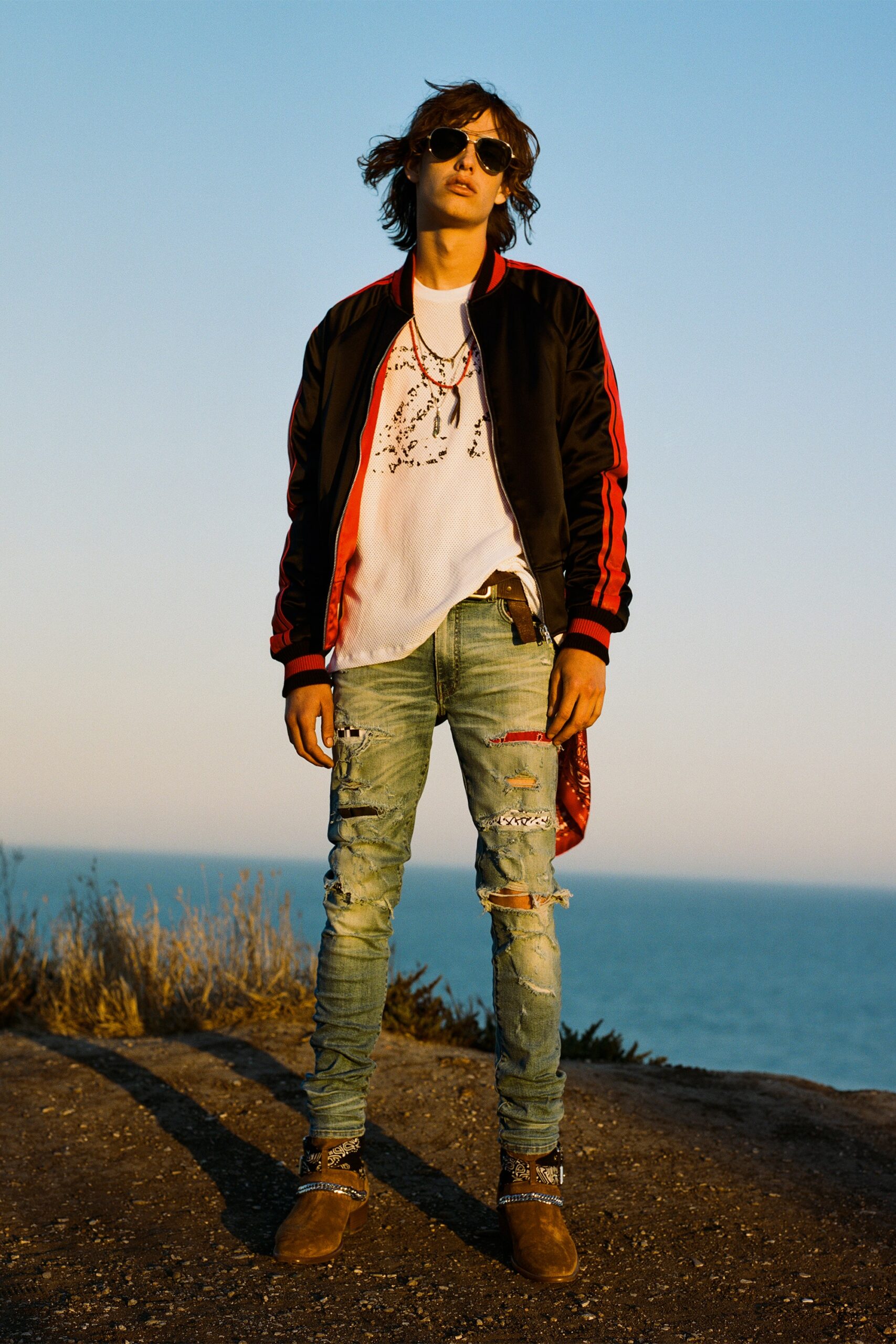 black red fitted jacket with distressed jeans