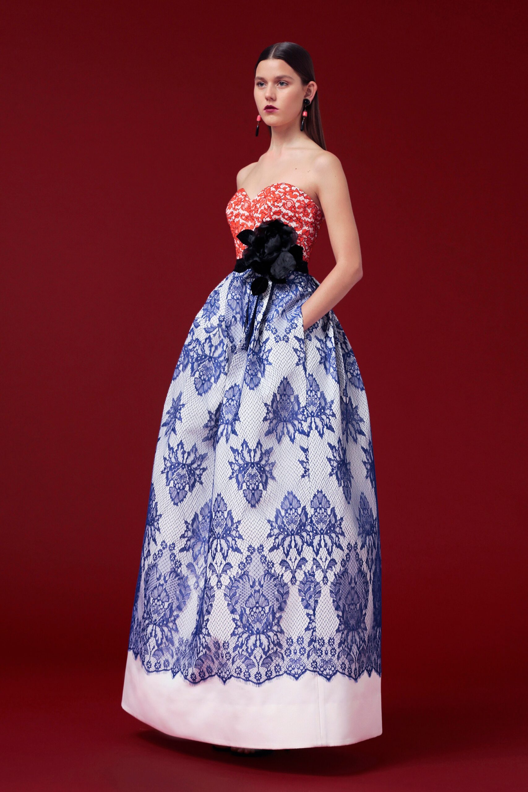 red and blue embroidered gown