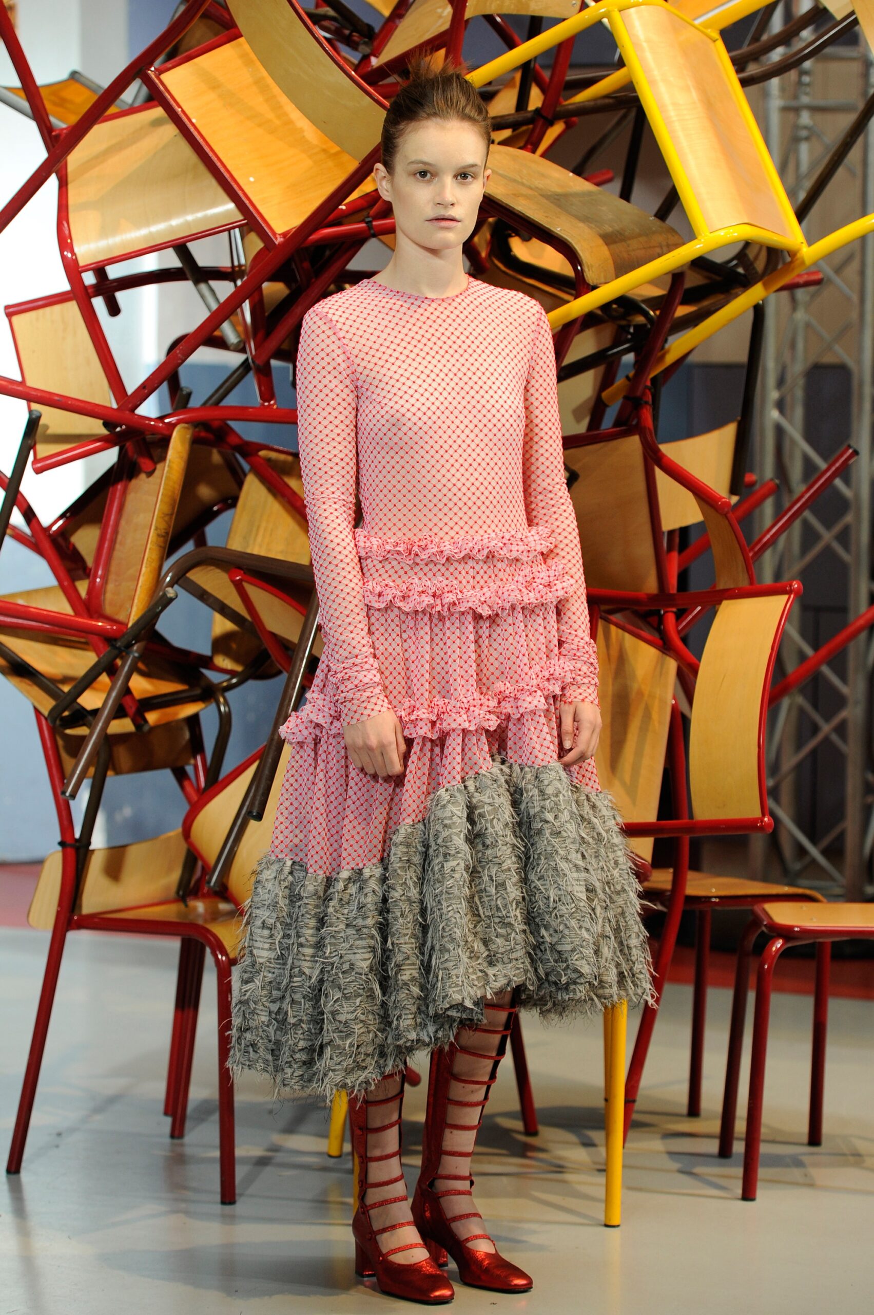 pink ruffled tiered midi dress