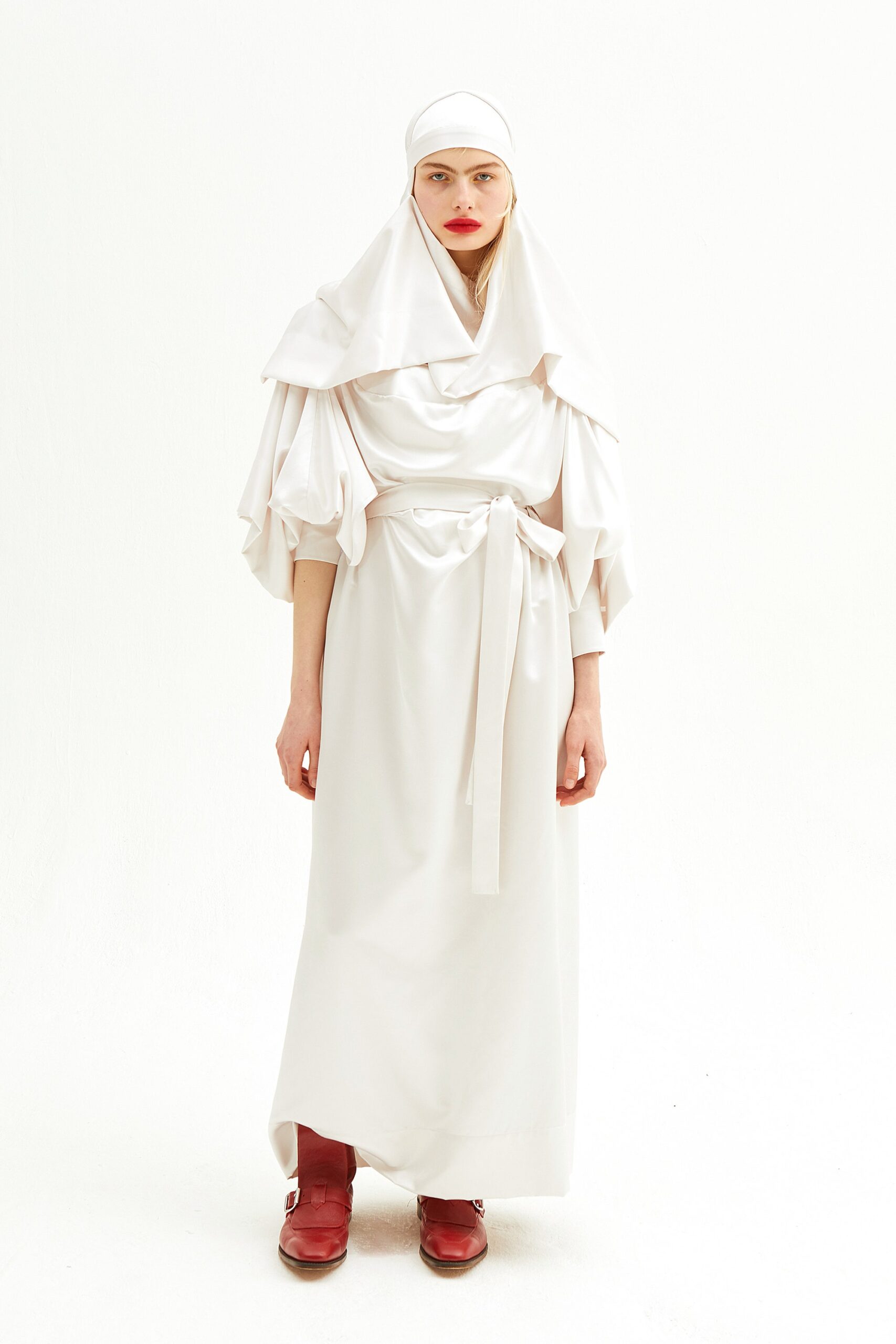 white cotton long-sleeve high-neck relaxed draped belted dress