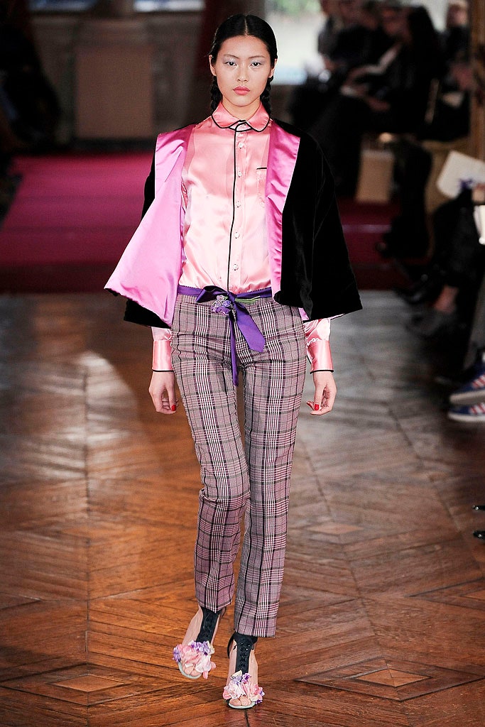 pink silk shirt with black jacket