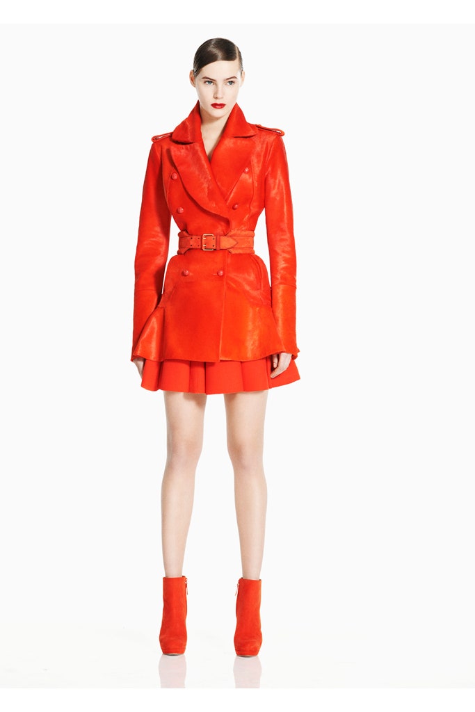 red leather coat with pleated skirt
