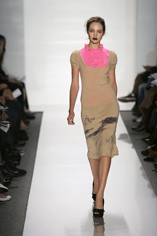 beige fitted midi dress with pink ruffles