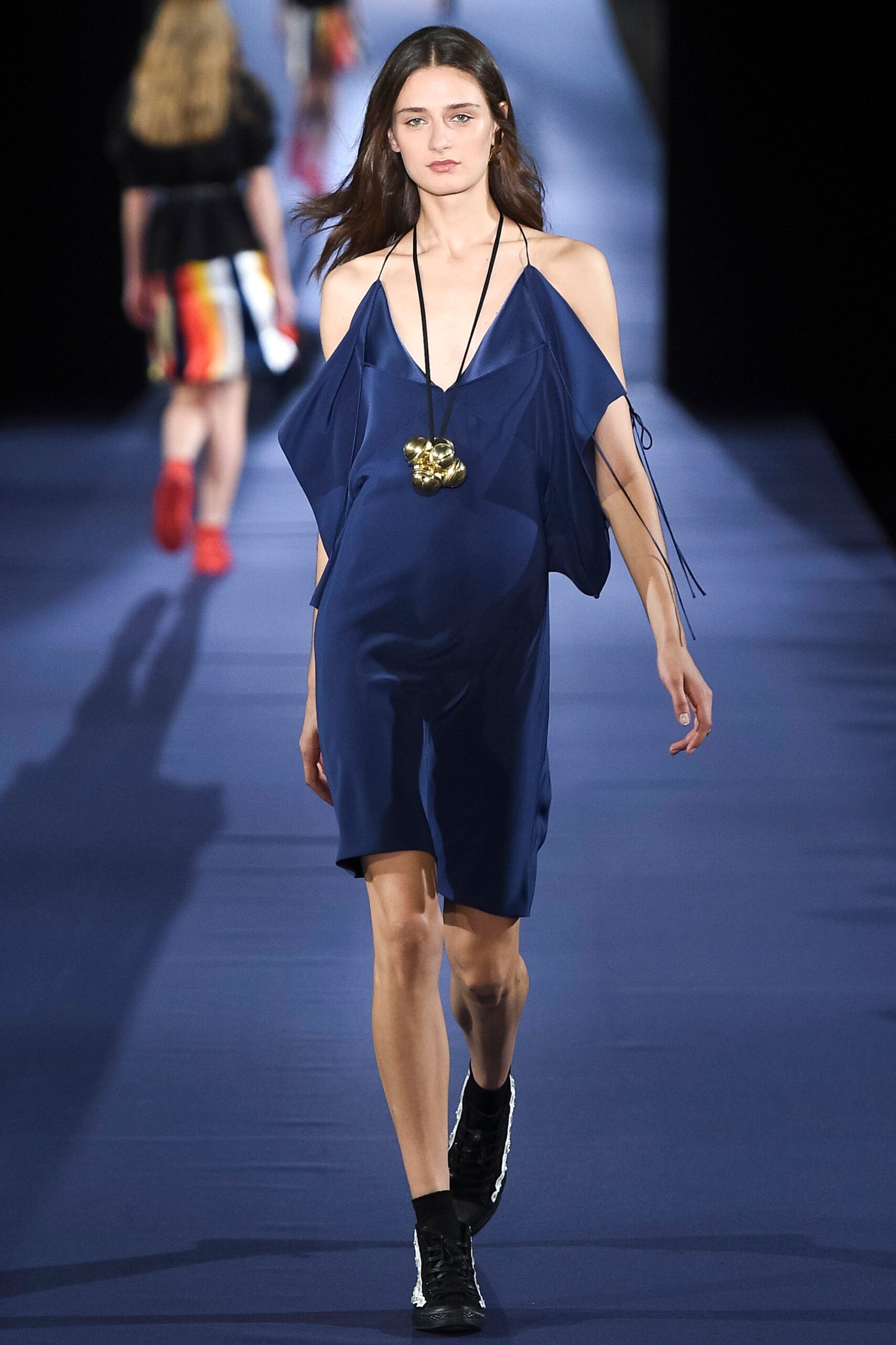 blue silk off-shoulder dress