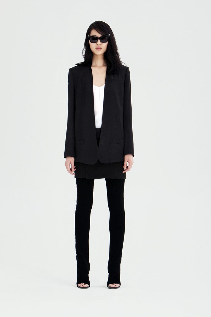 black tailored blazer with white top