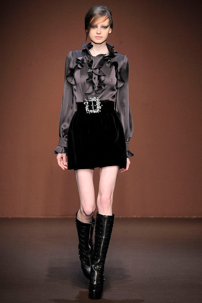 gray silk long-sleeve collared fitted ruffled blouse