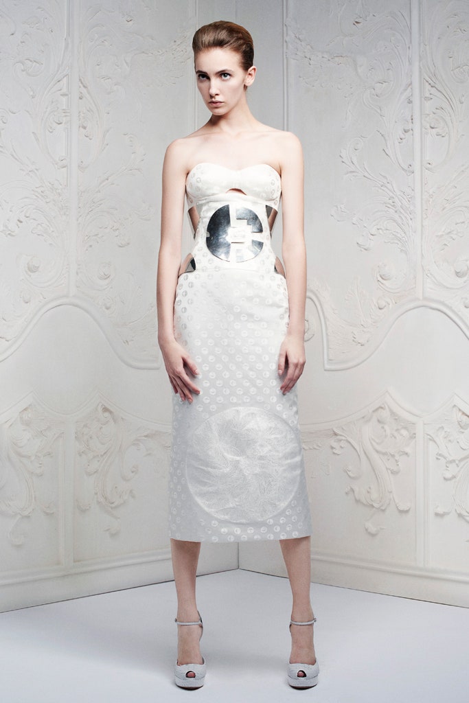 white strapless embellished midi dress