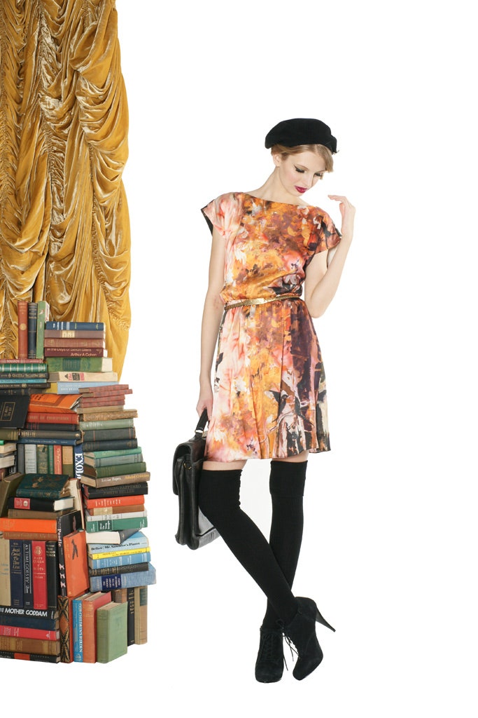 colorful mini dress with black hat
