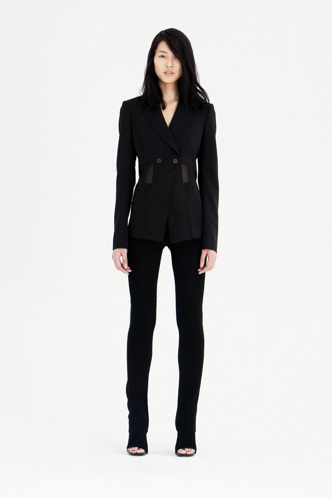 black tailored blazer and fitted pants