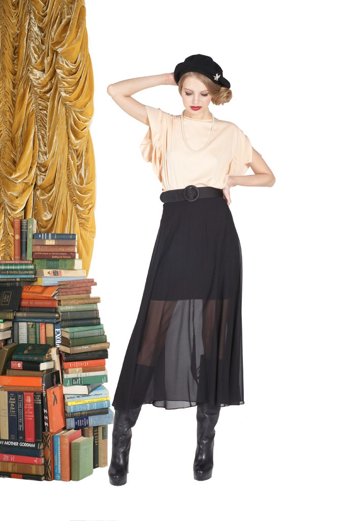 peach top black midi skirt