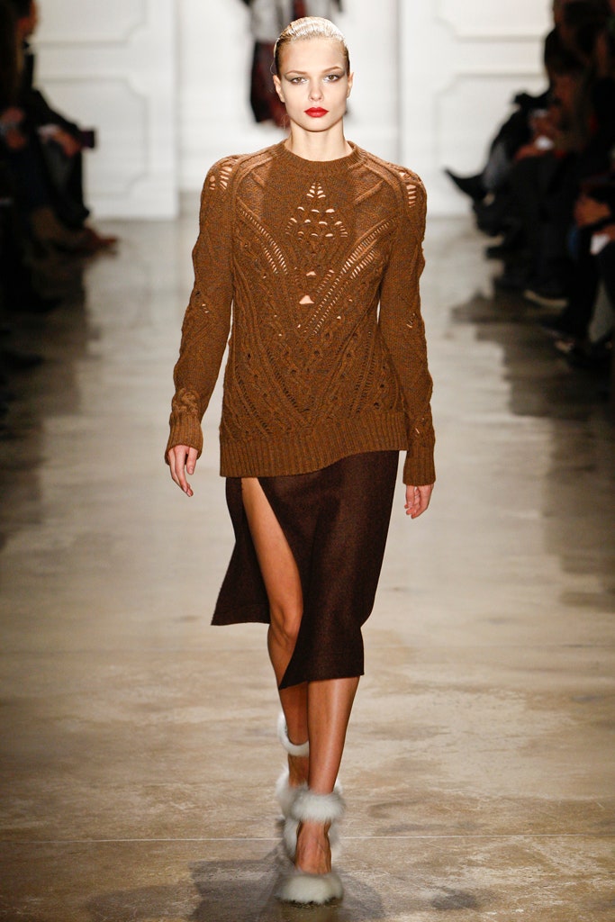 brown fitted sweater and skirt