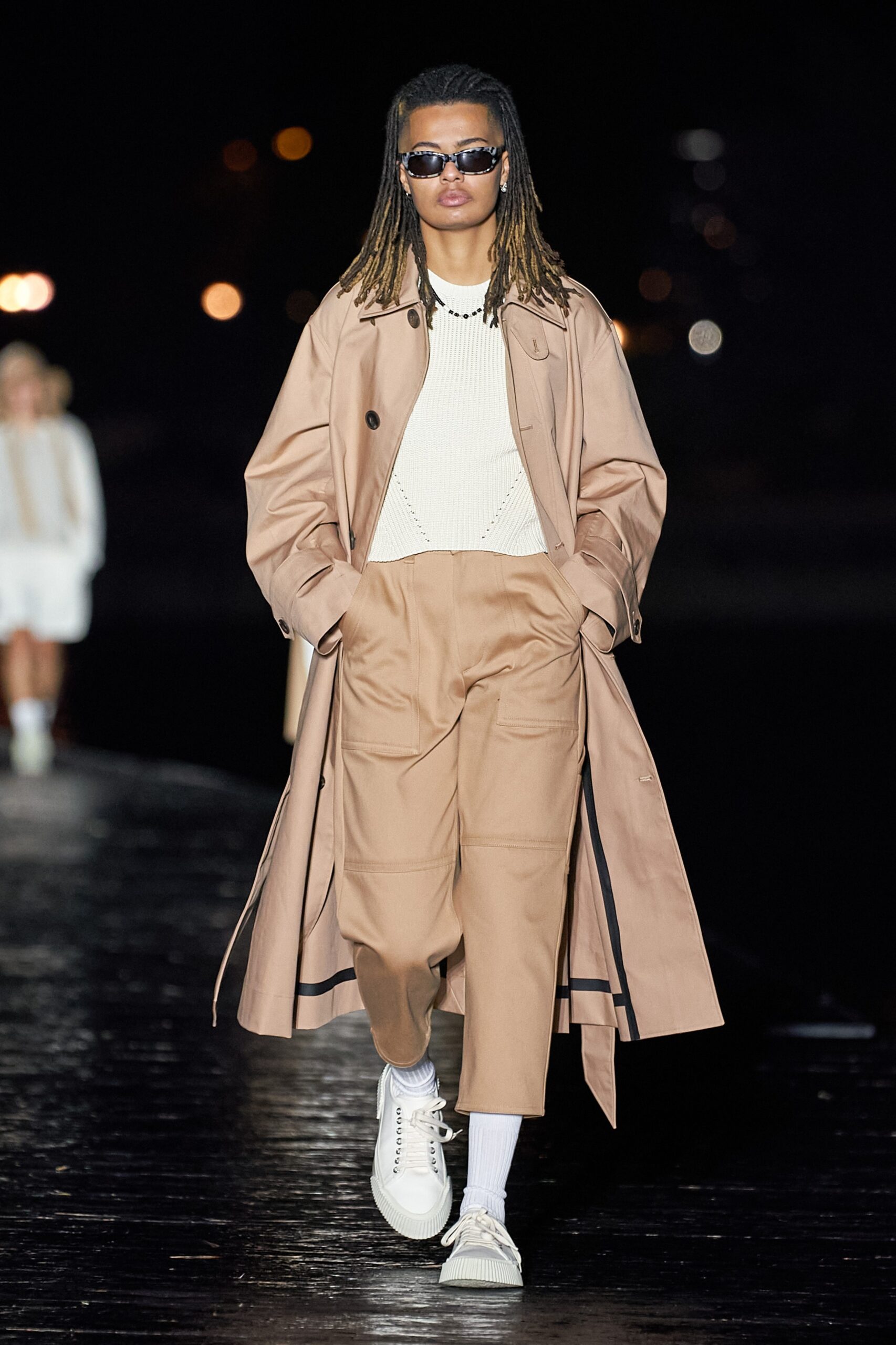 beige trench coat with relaxed pants