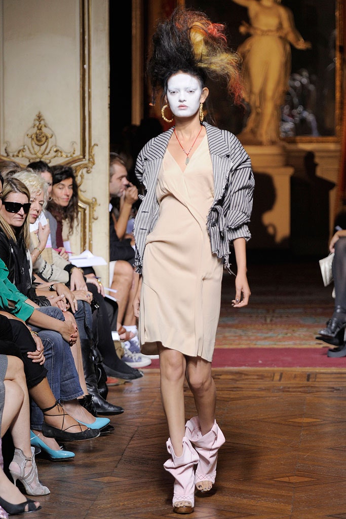 beige silk sleeveless dress with striped jacket