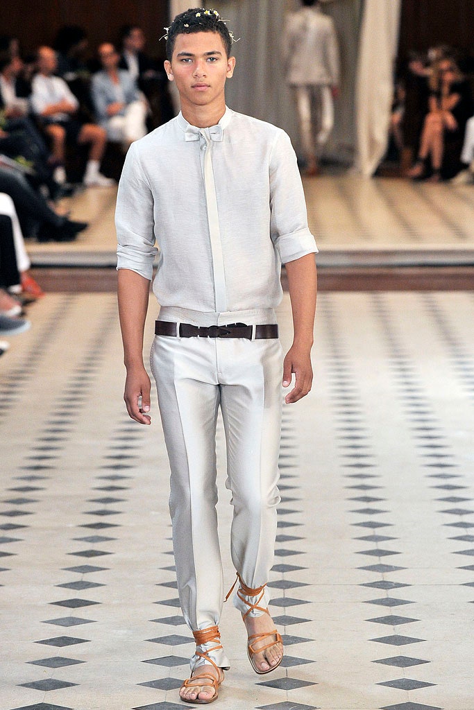white fitted shirt beige pants