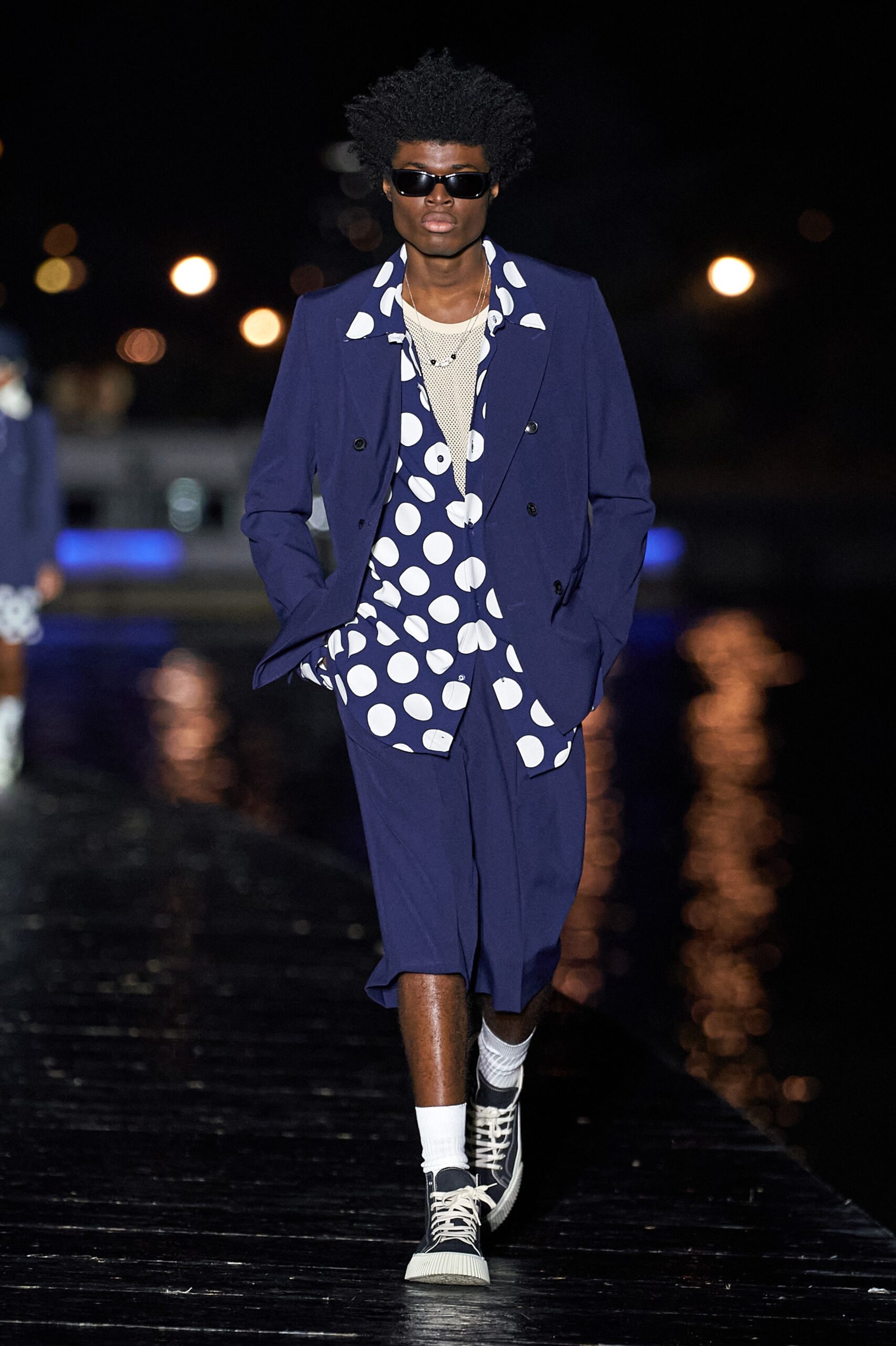 blue polka-dot suit with shorts