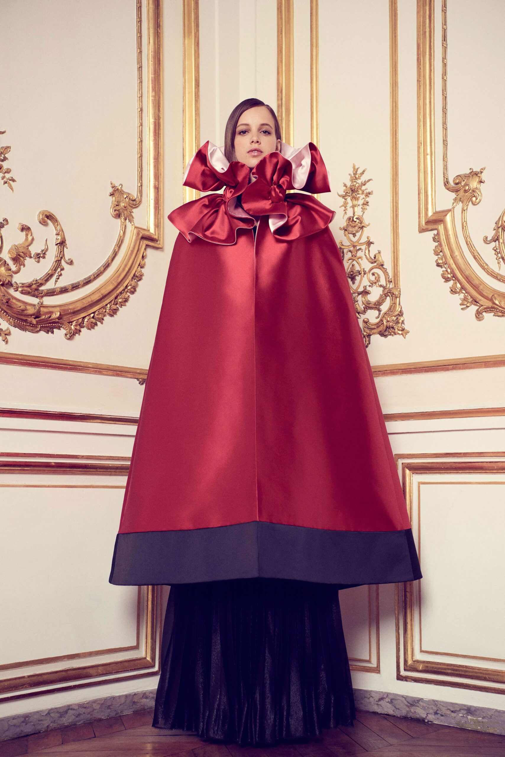 red silk sleeveless relaxed draped cape