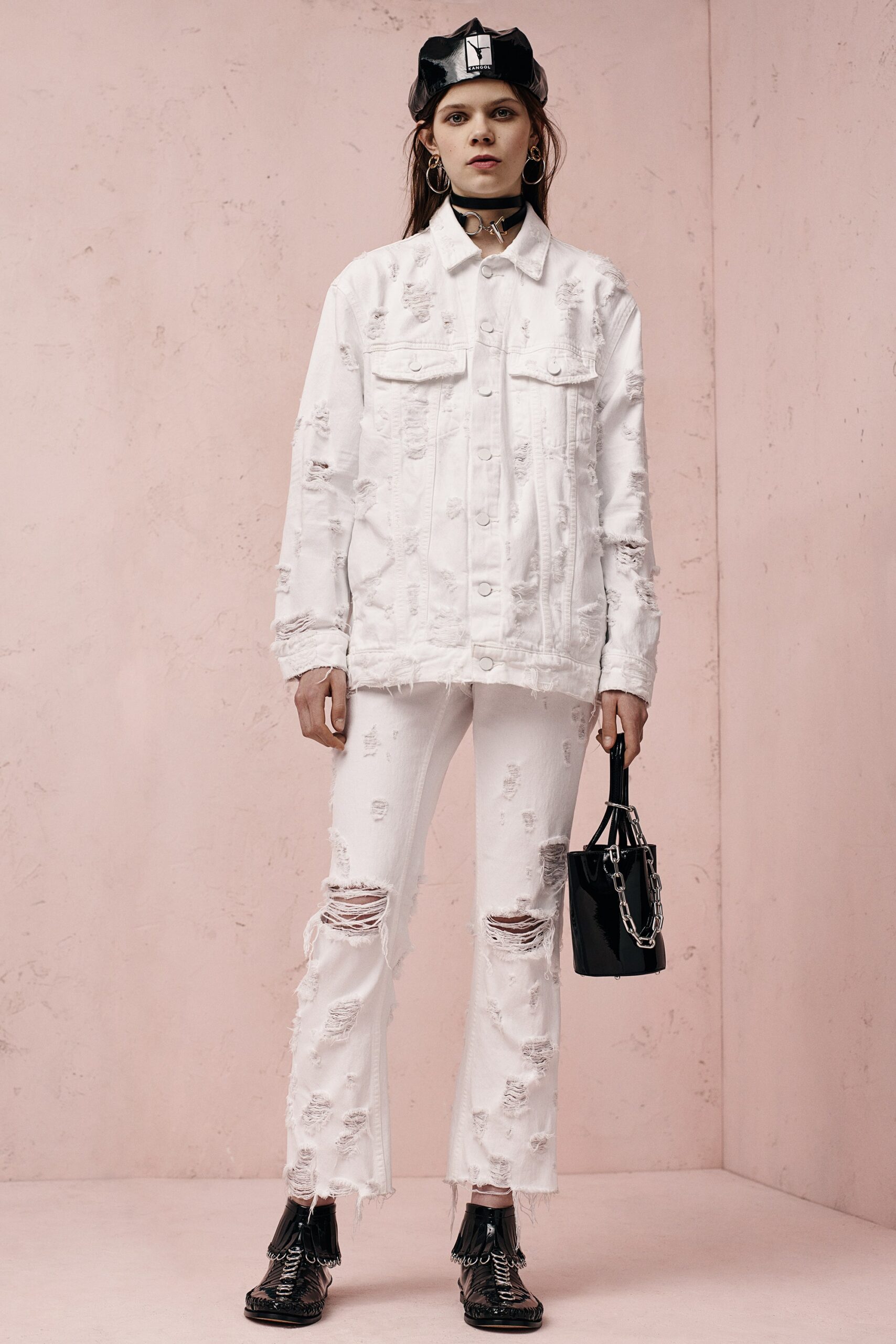 white denim long-sleeve collared relaxed distressed jacket