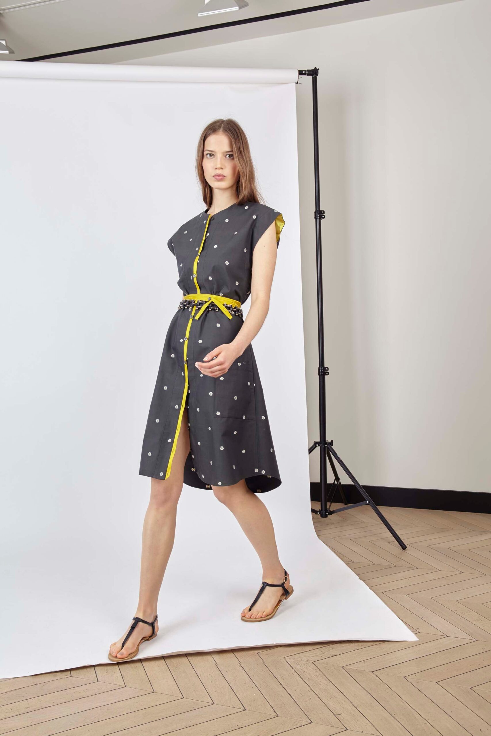 gray midi dress with yellow accents