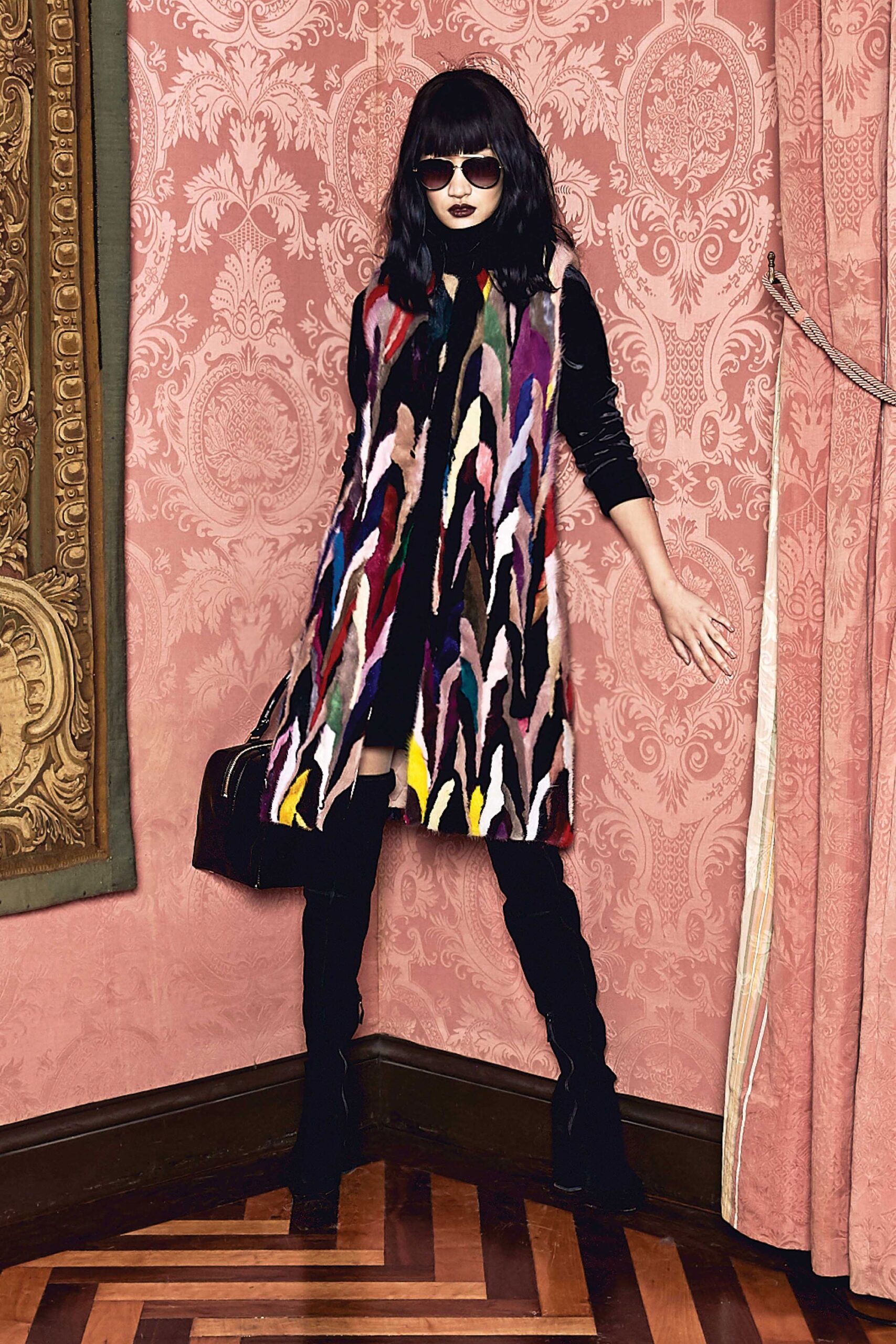 multi wool long-sleeve collared fitted fringed midi coat