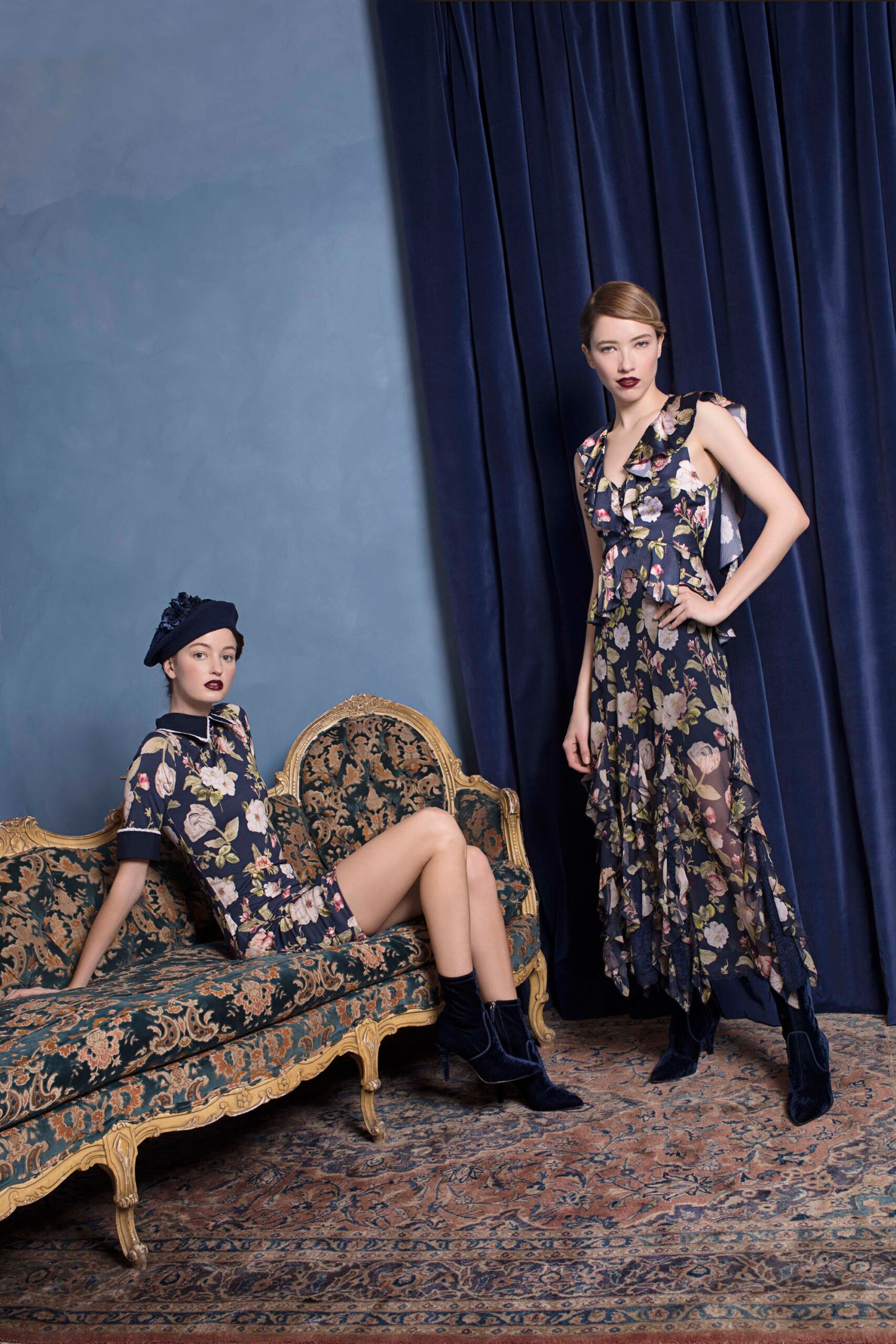 black floral silk dress and top