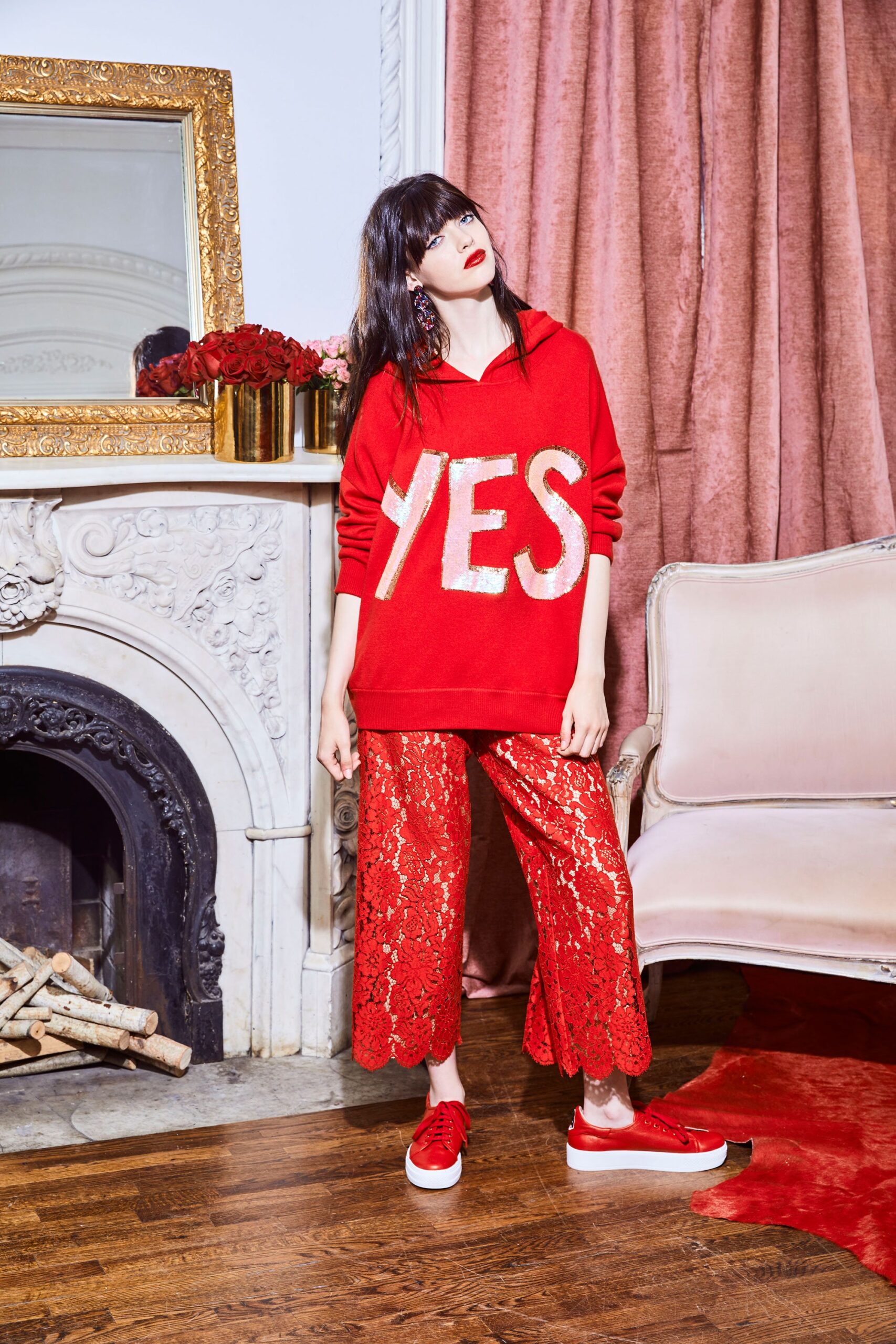 red lace fitted wide-leg pants