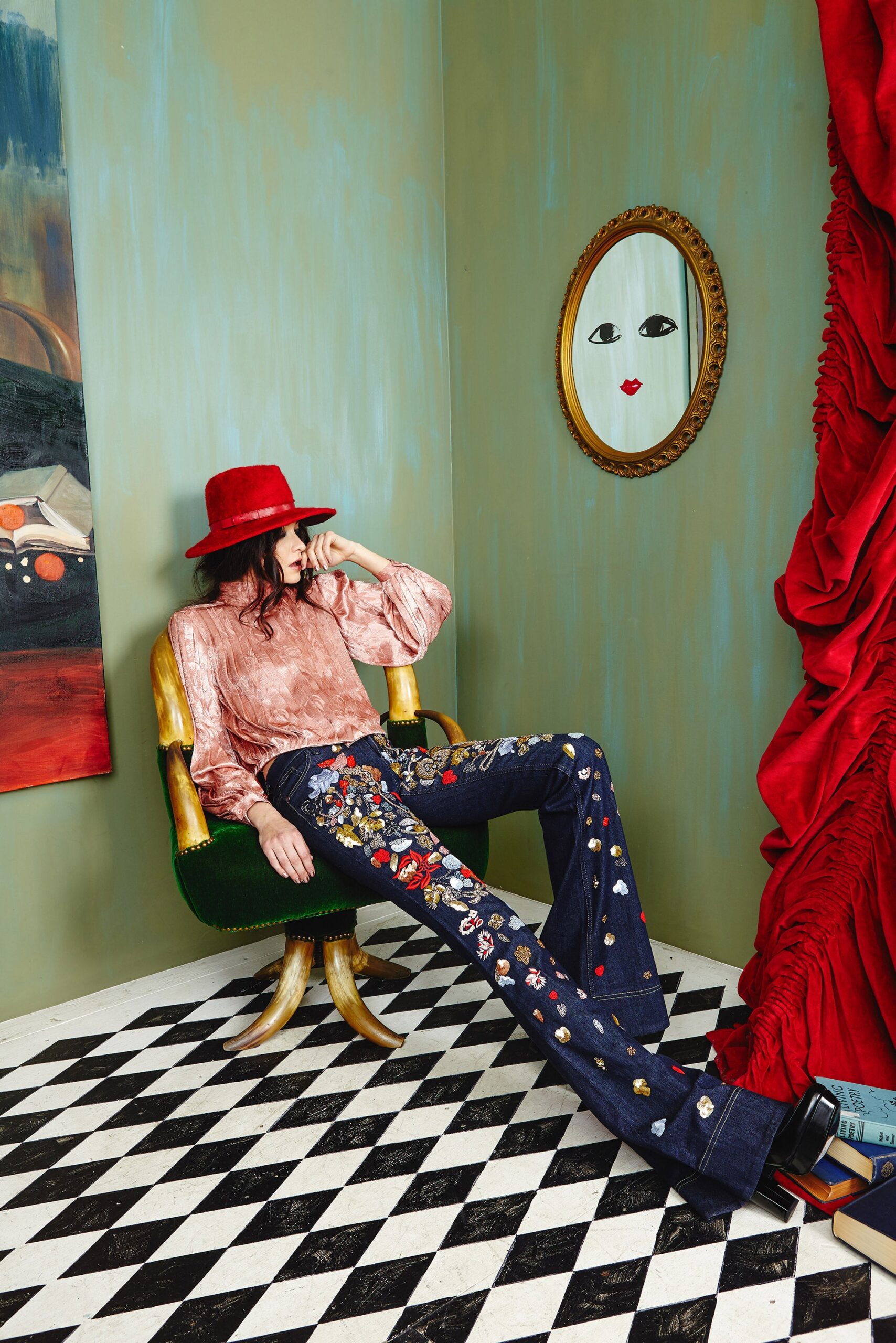 pink silk ruffled top with blue embroidered pants