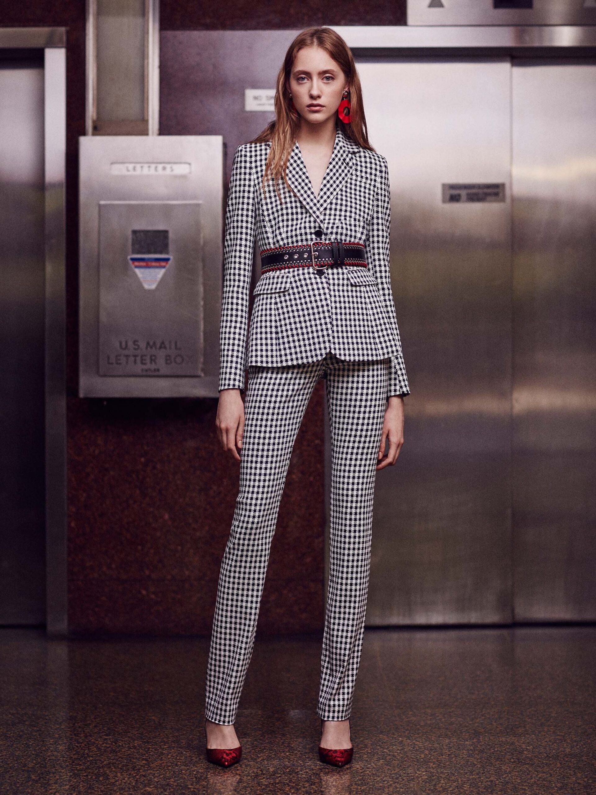 black and white checked suit