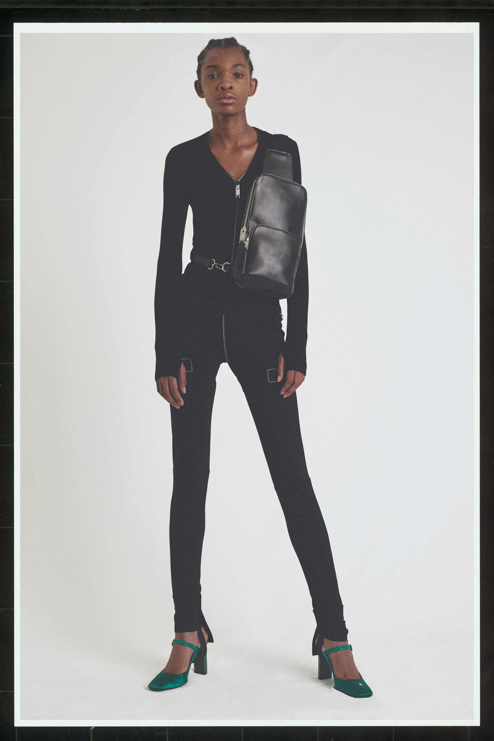 black cotton long-sleeve v-neck fitted zippered catsuit