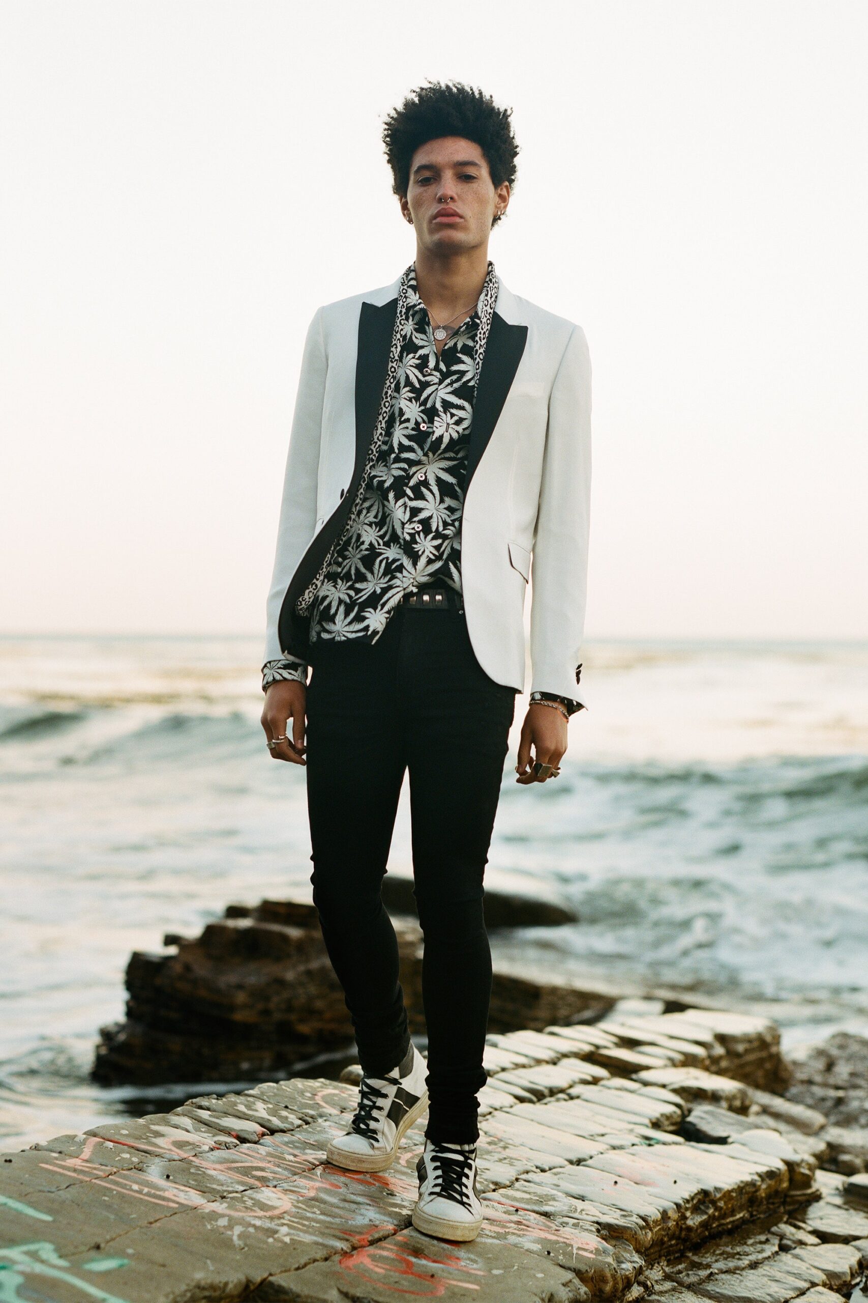 tailored white blazer with printed shirt