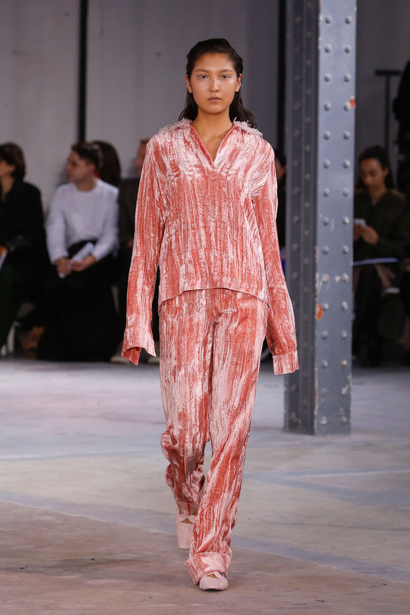 pink velvet long-sleeve collared relaxed draped top