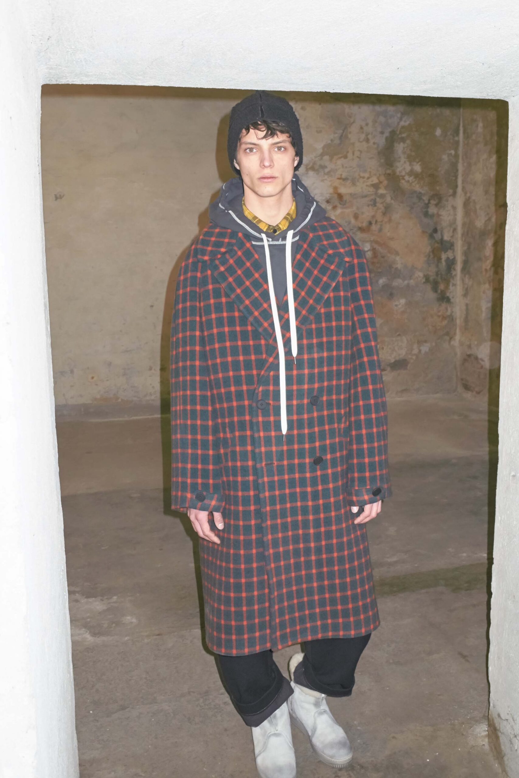checked wool coat with hoodie