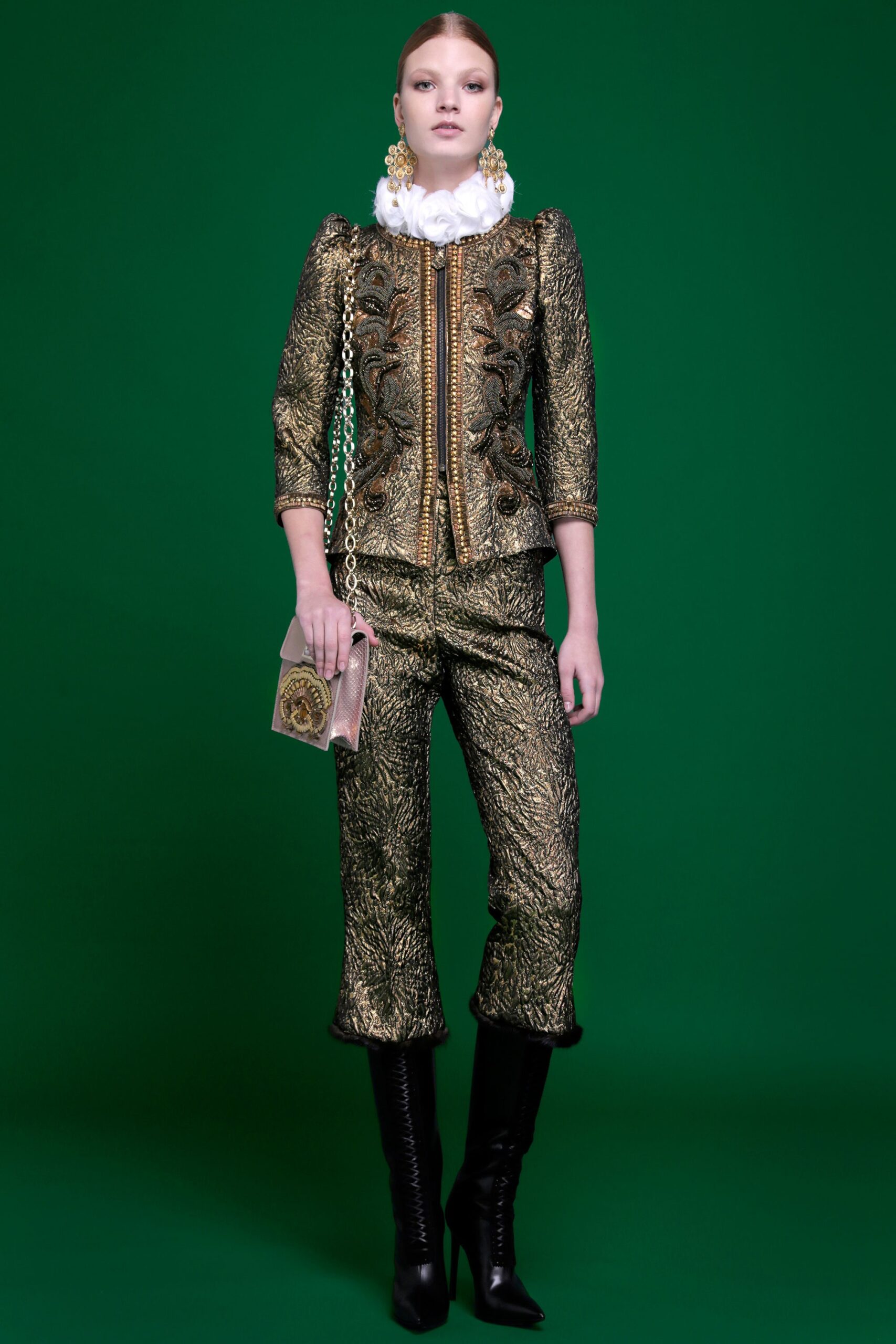 gold silk long-sleeve collared fitted embroidered zippered blazer