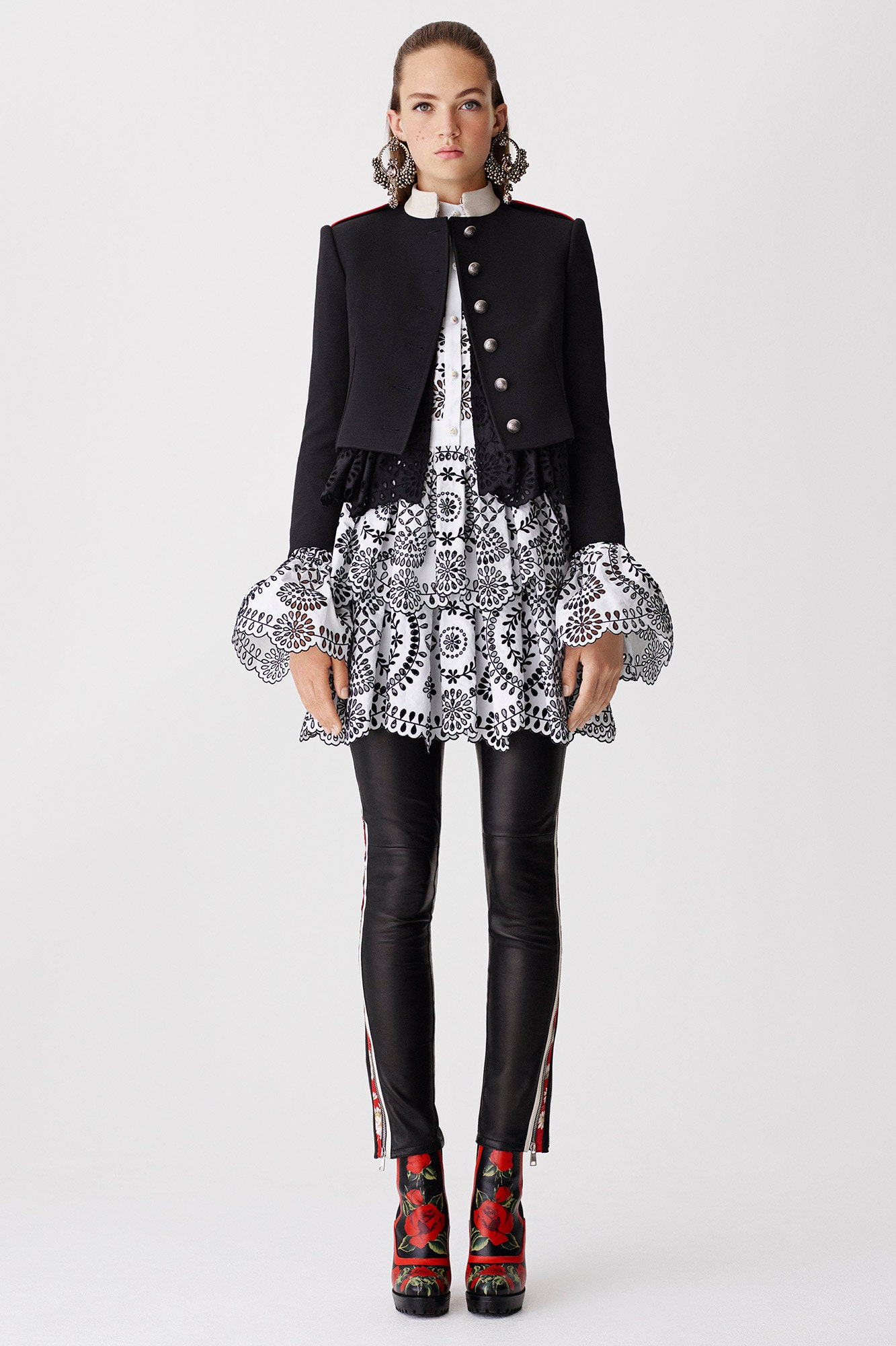 black jacket white dress leather pants