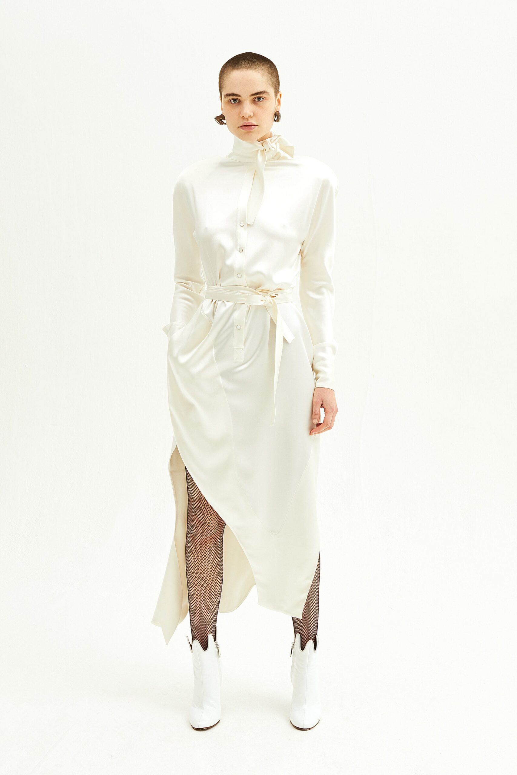 white silk asymmetric dress with boots