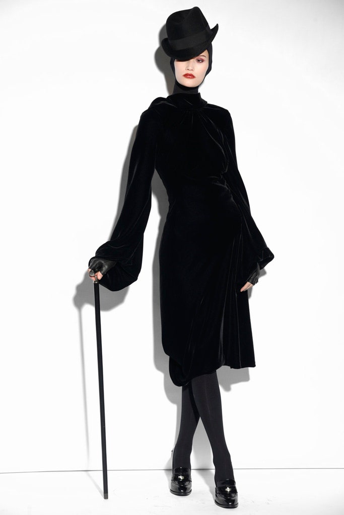 black velvet long-sleeve high-neck fitted draped midi dress
