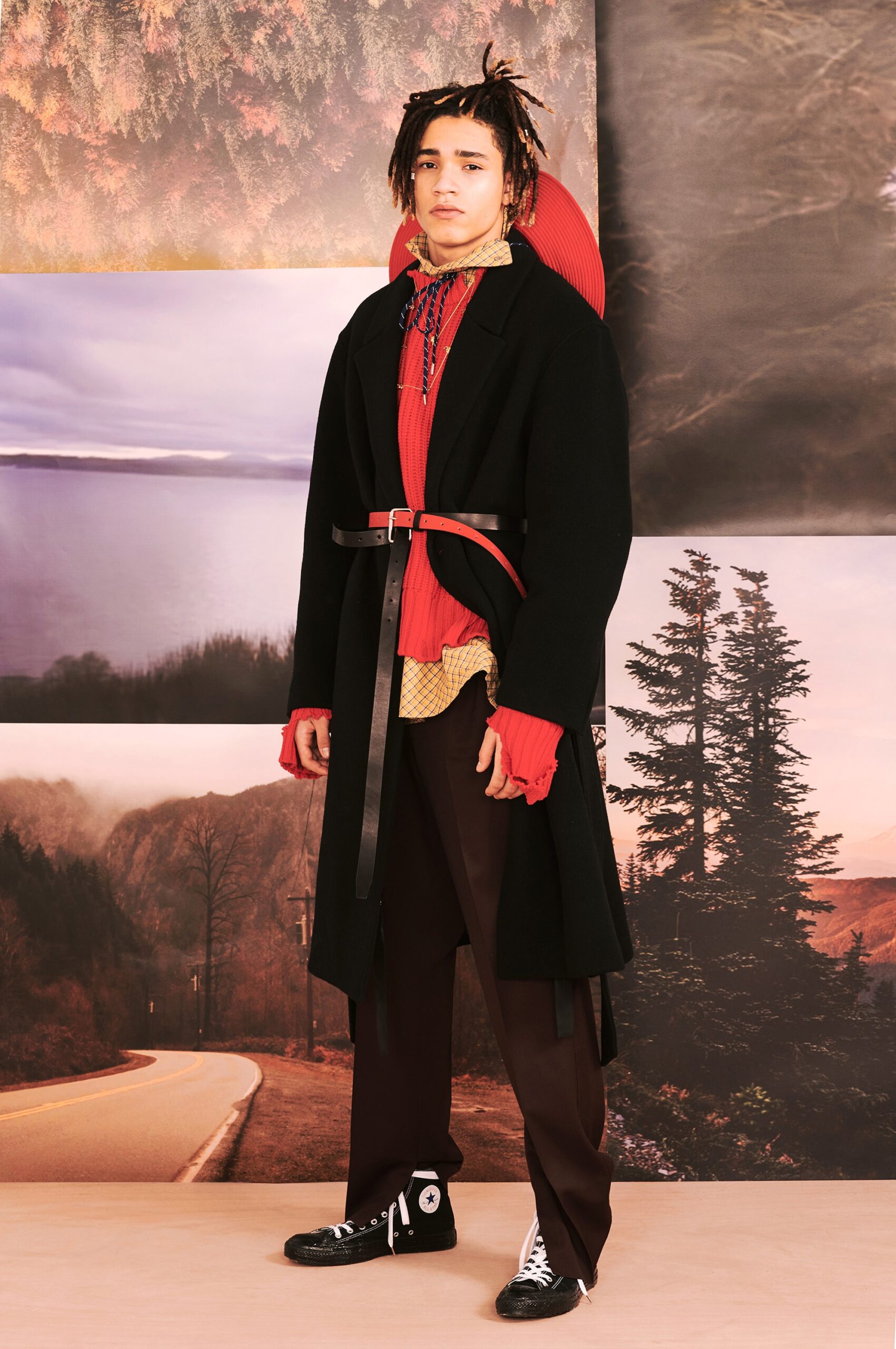 red cotton long-sleeve collared fitted layered shirt