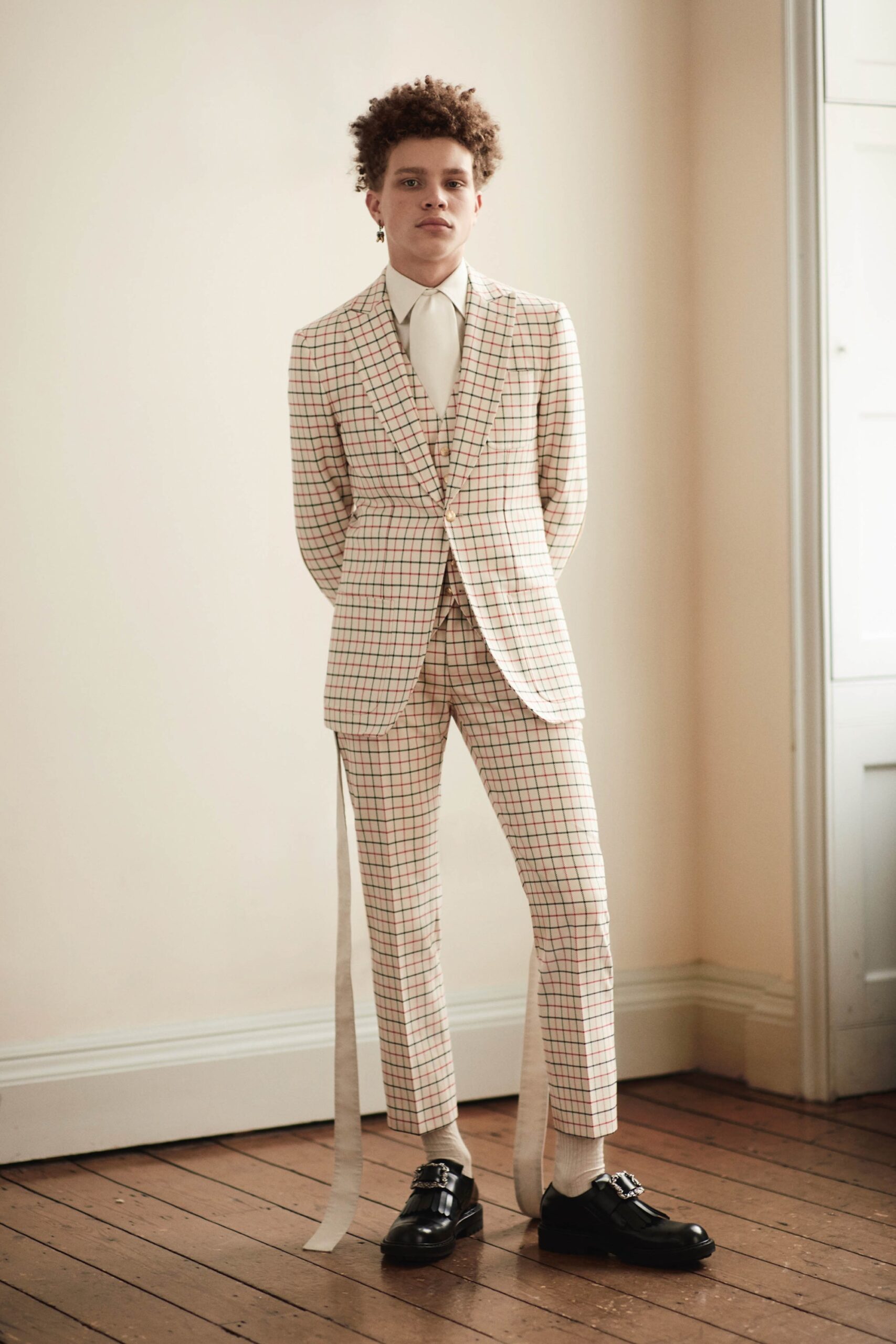 beige checked tailored suit