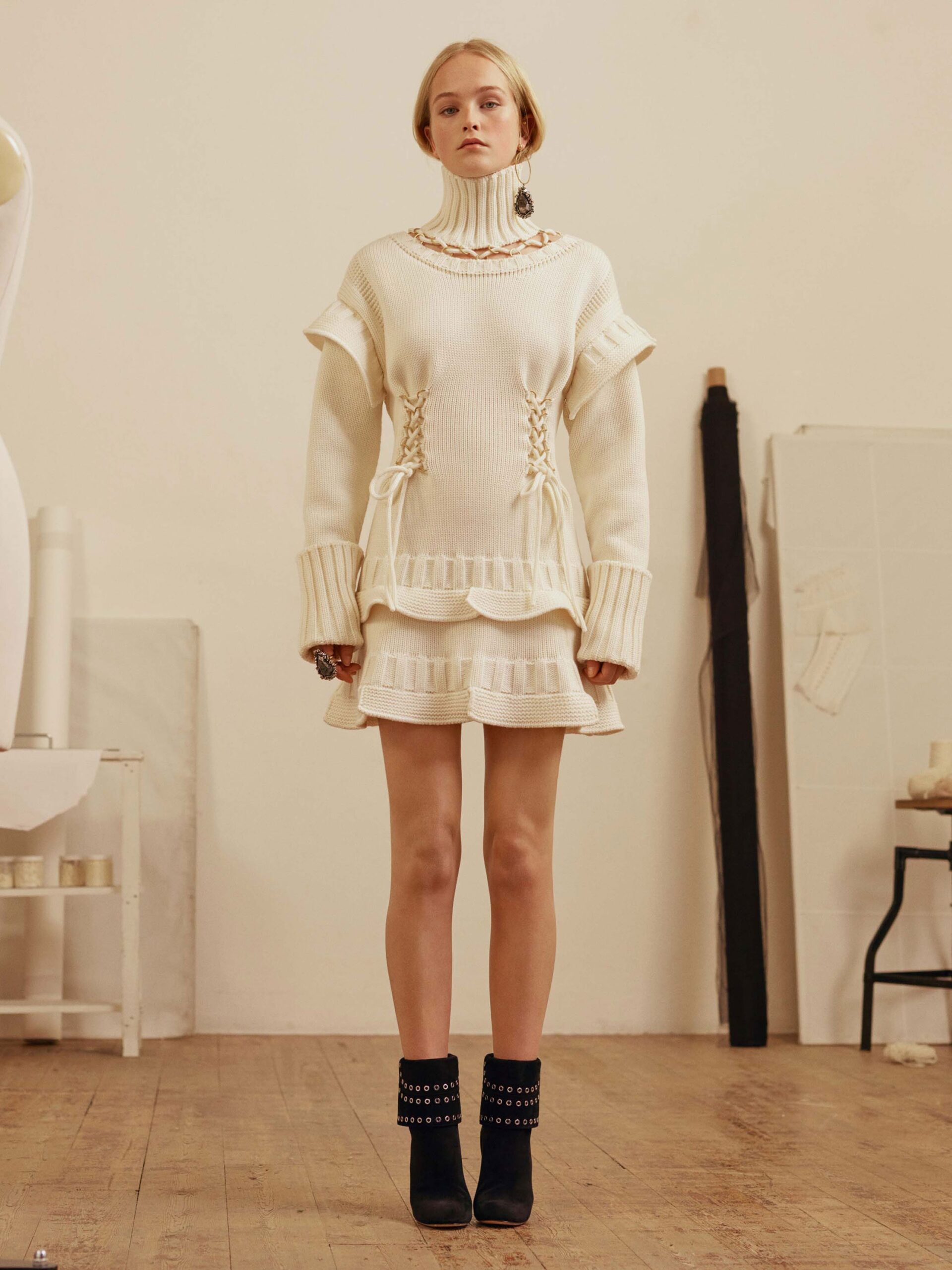 white cotton long-sleeve high-neck fitted pleated ruched dress