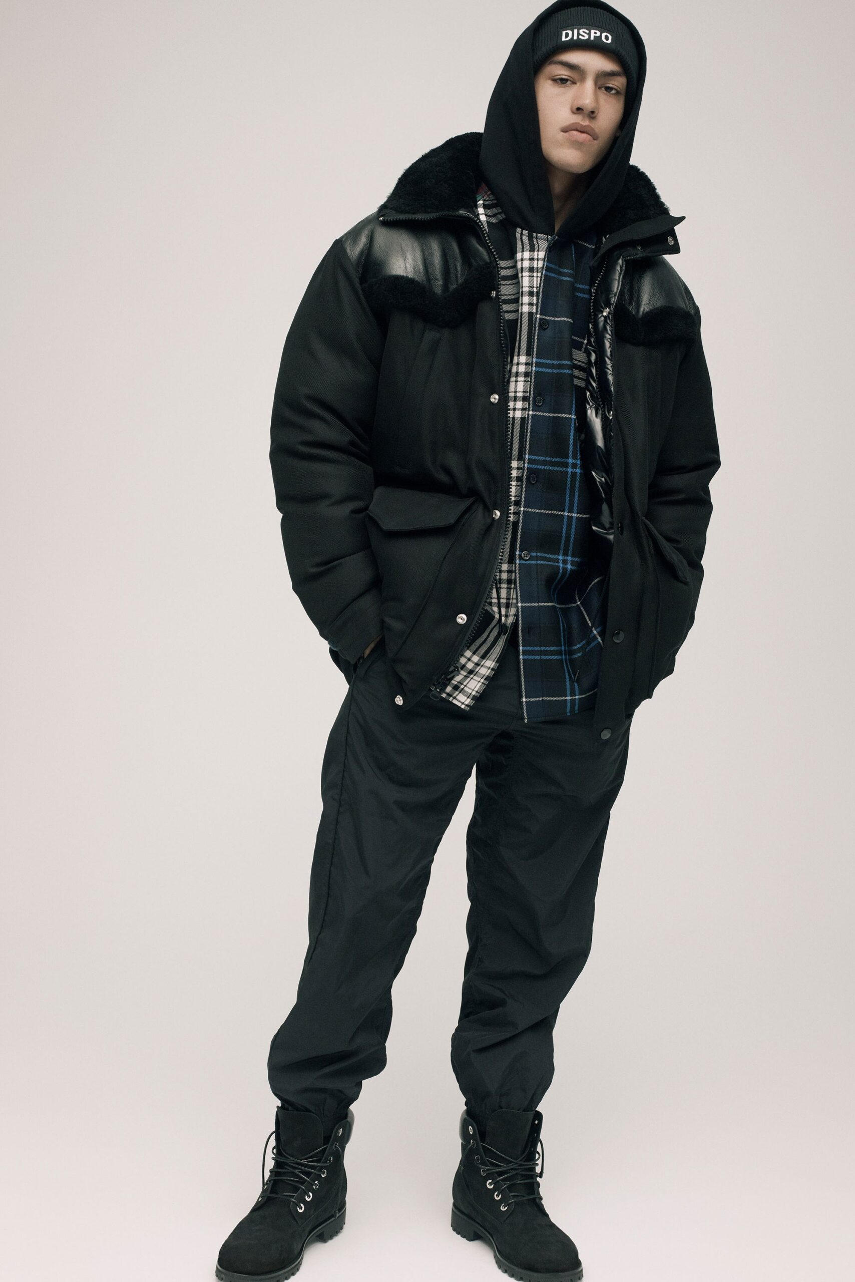 black relaxed jacket with checked shirt